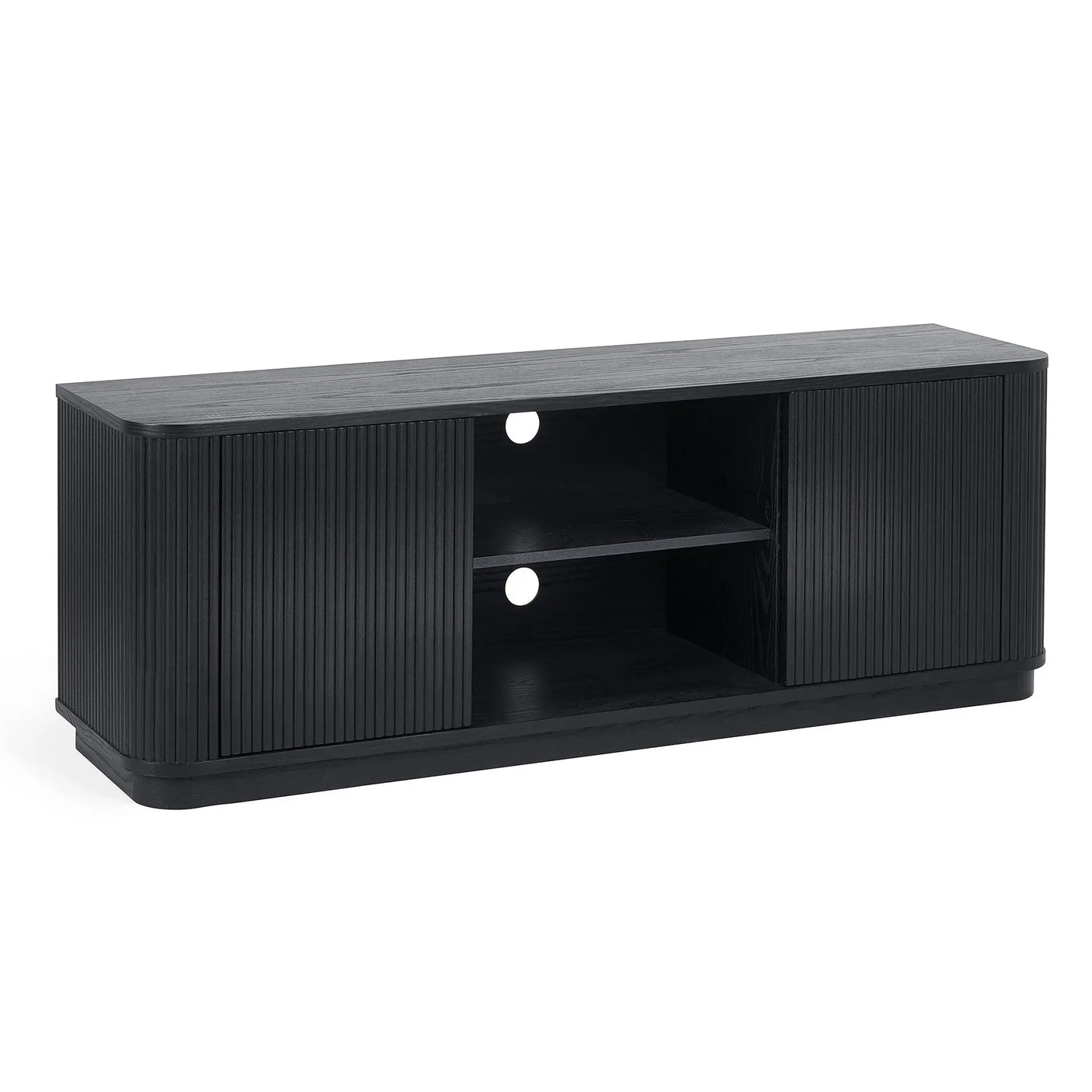 Black fluted TV unit with two cupboards and central open shelves, cut-out cable holes
