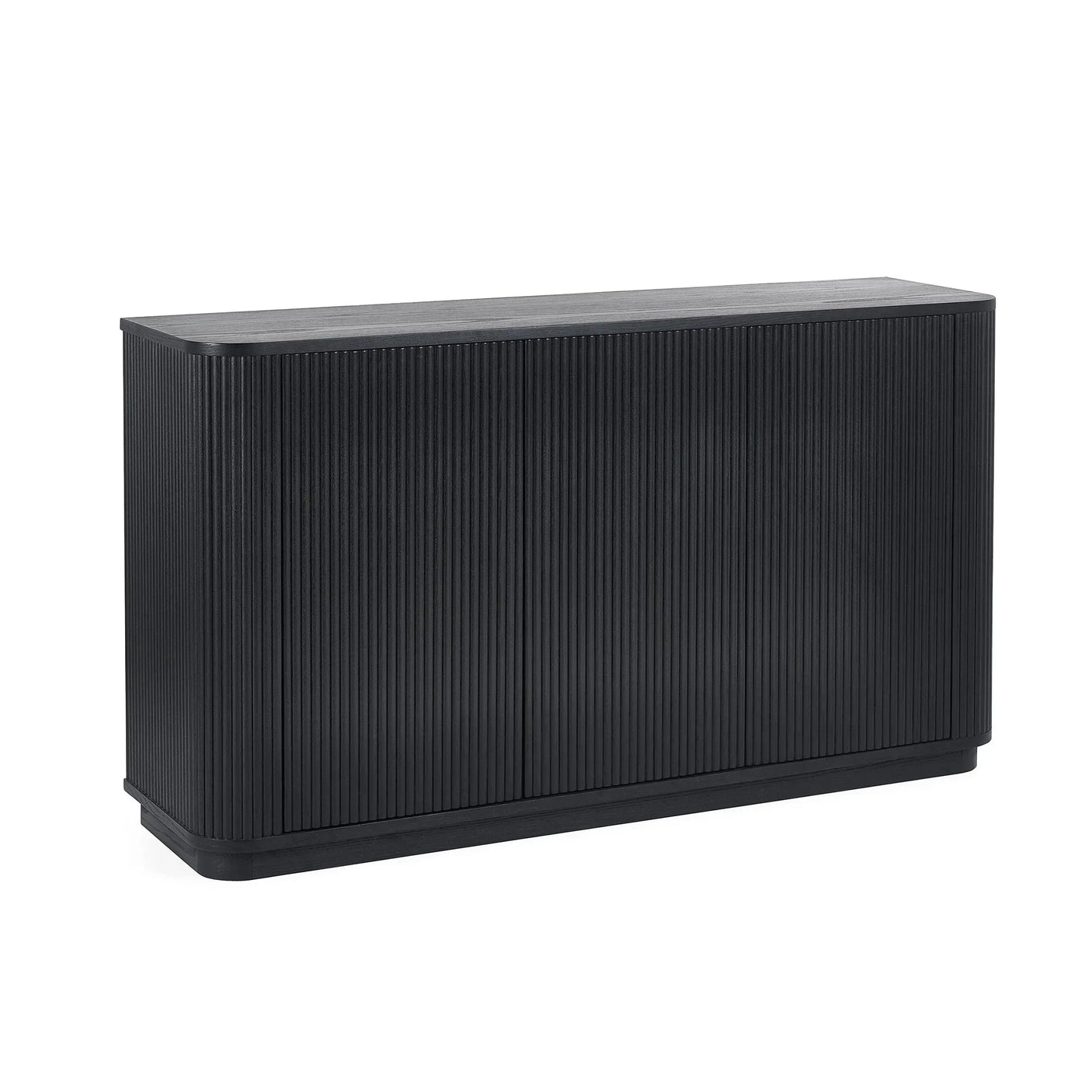 Black fluted sideboard with textured doors and rounded corners on white background