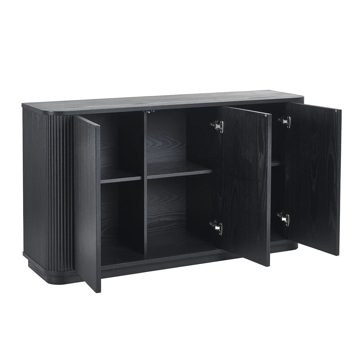 Black fluted sideboard with four open cabinet doors and inner shelving compartments