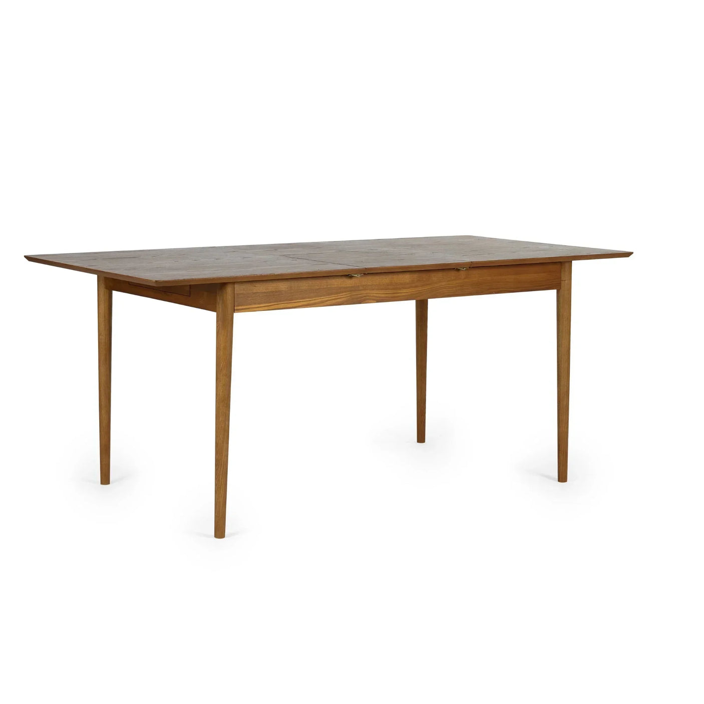 Rectangular oak extending dining table with slender legs on white background