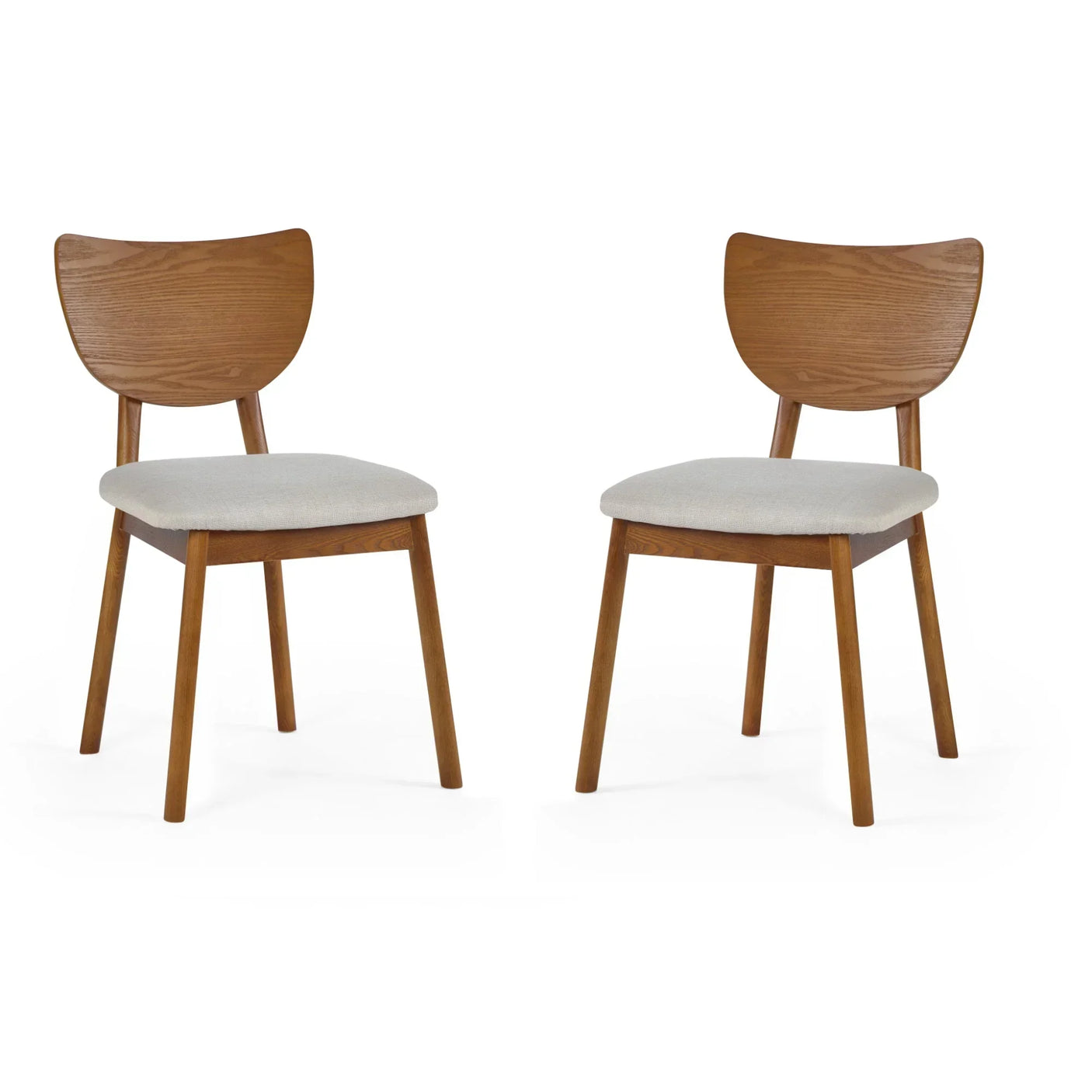 Pair of wooden dining chairs with curved backrests and light grey fabric seats