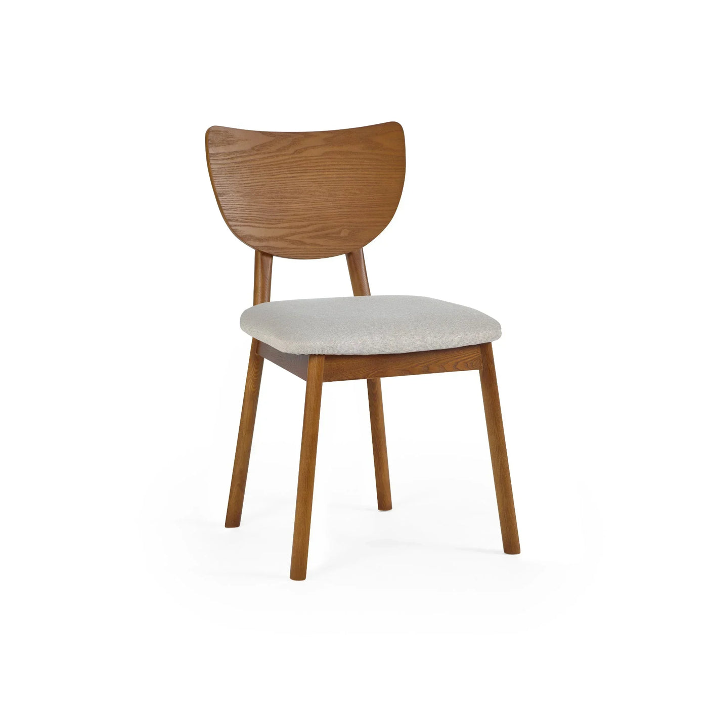 Lowry dining chair with wooden frame and light upholstered seat, front angled view