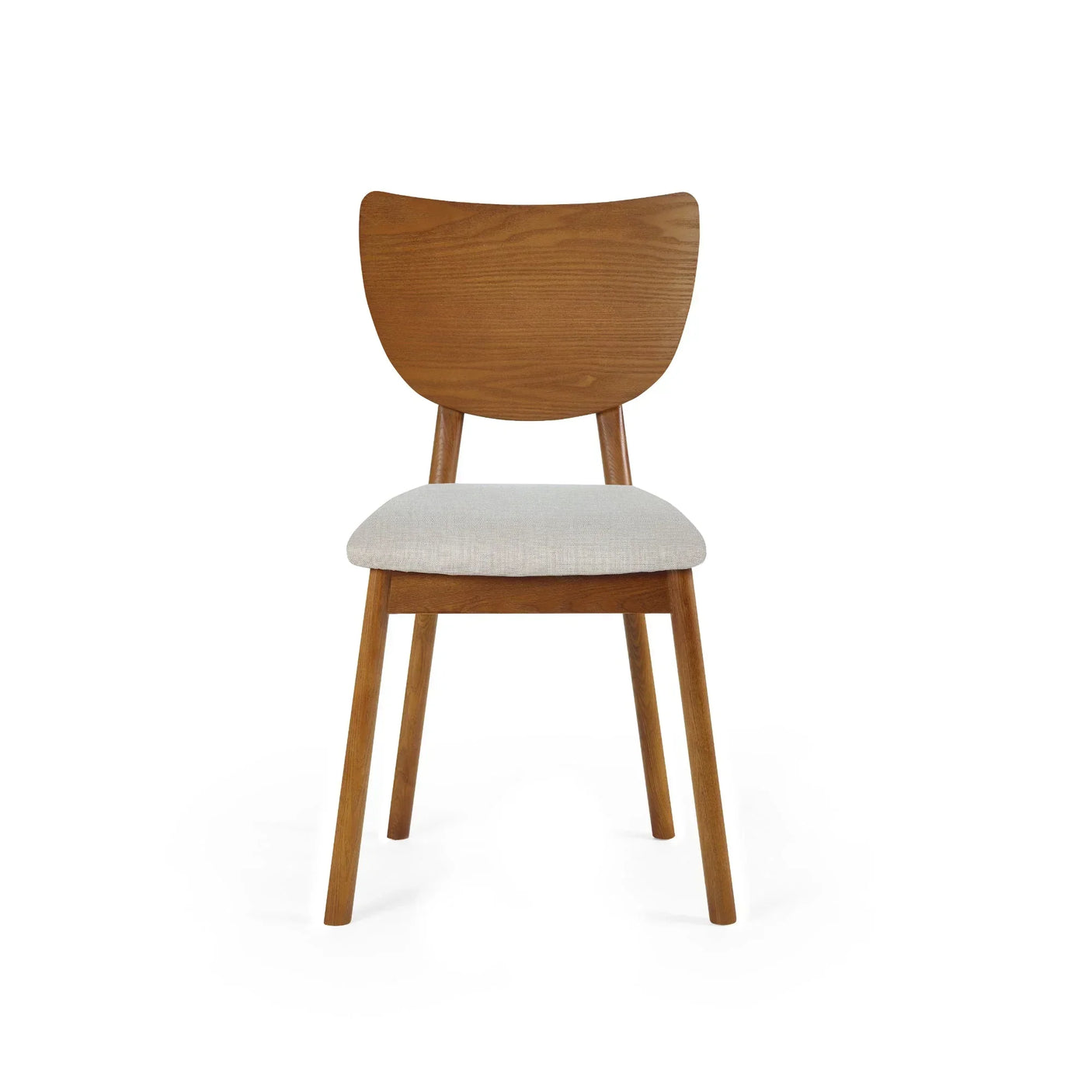 wood dining chair with curved backrest and light fabric seat cushion, front view