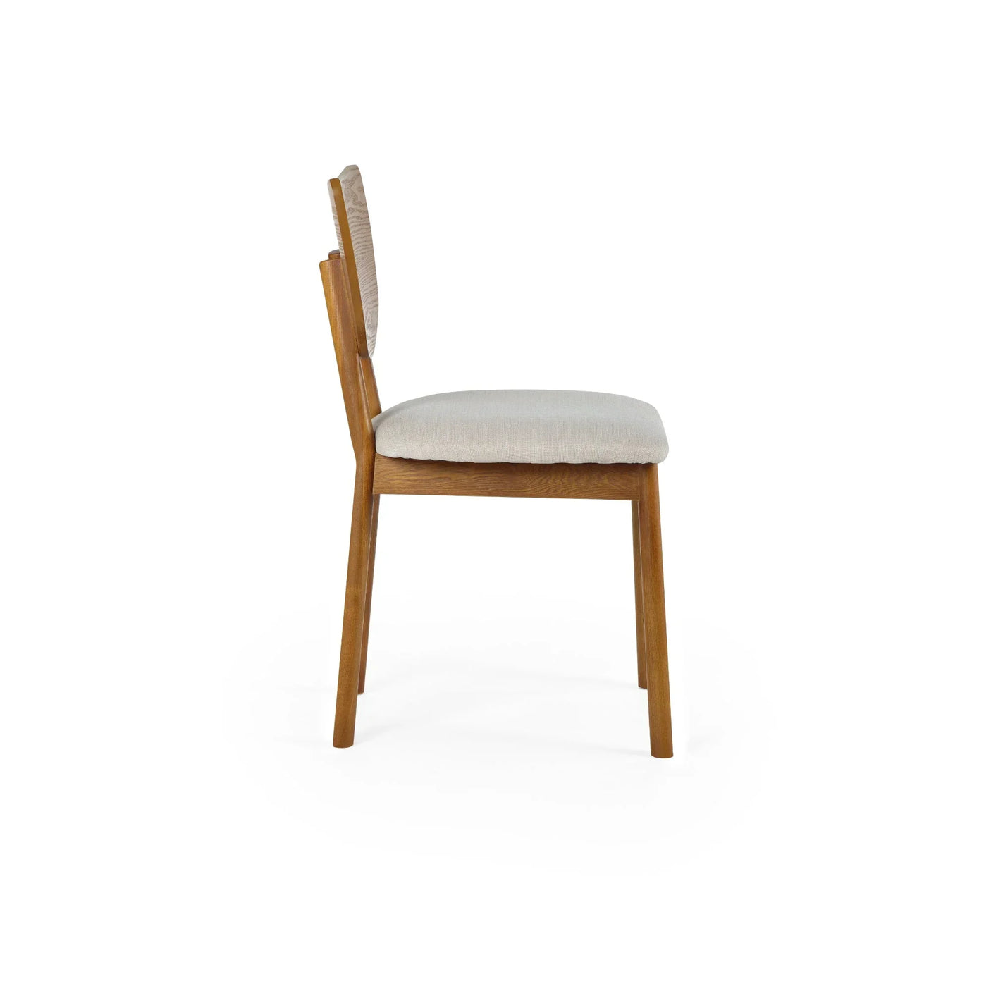Lowry dining chair side view with light fabric seat and oak wood frame