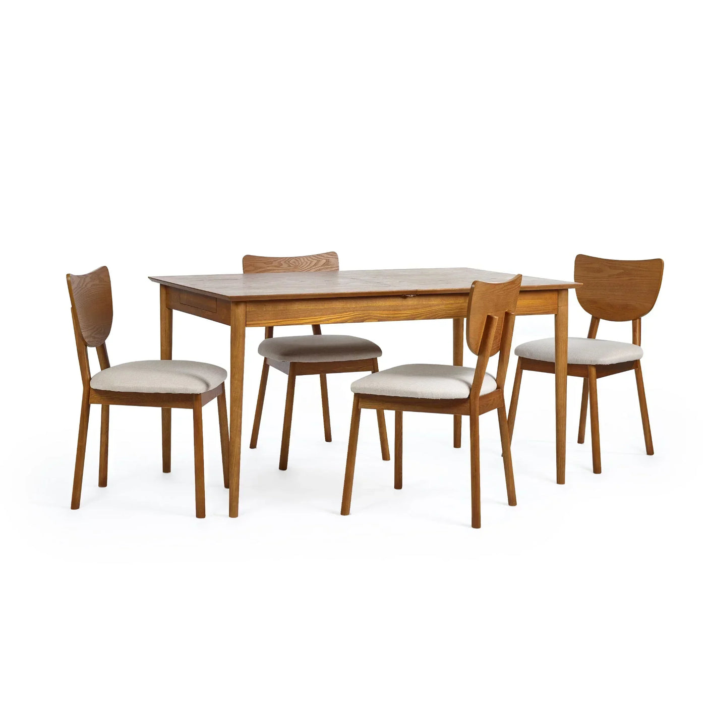 Wooden dining table with four Lowry dining chairs, beige cushioned seats, white background