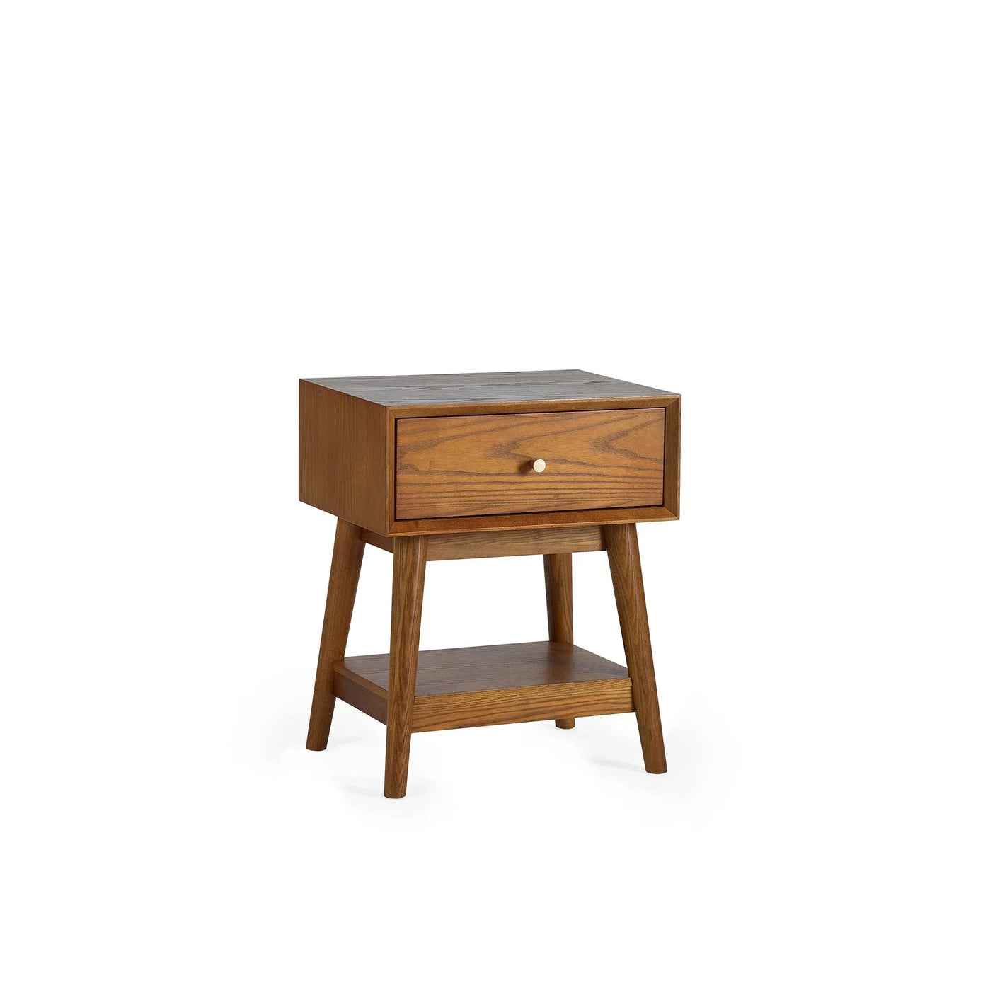 Wooden side table with single drawer and lower shelf, angled legs, mid-century style