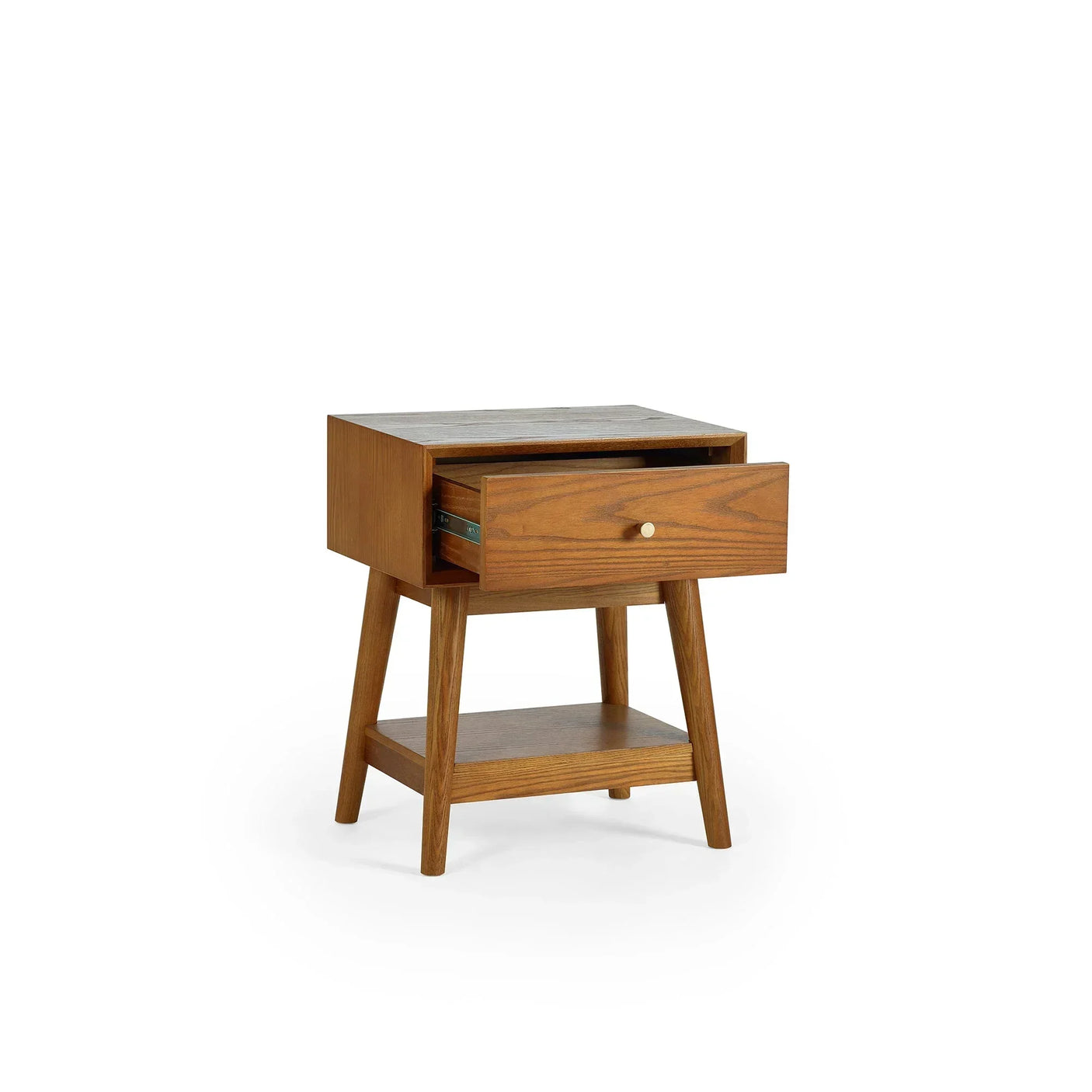 Wooden side table with single open drawer and lower shelf, angled legs, mid-century style