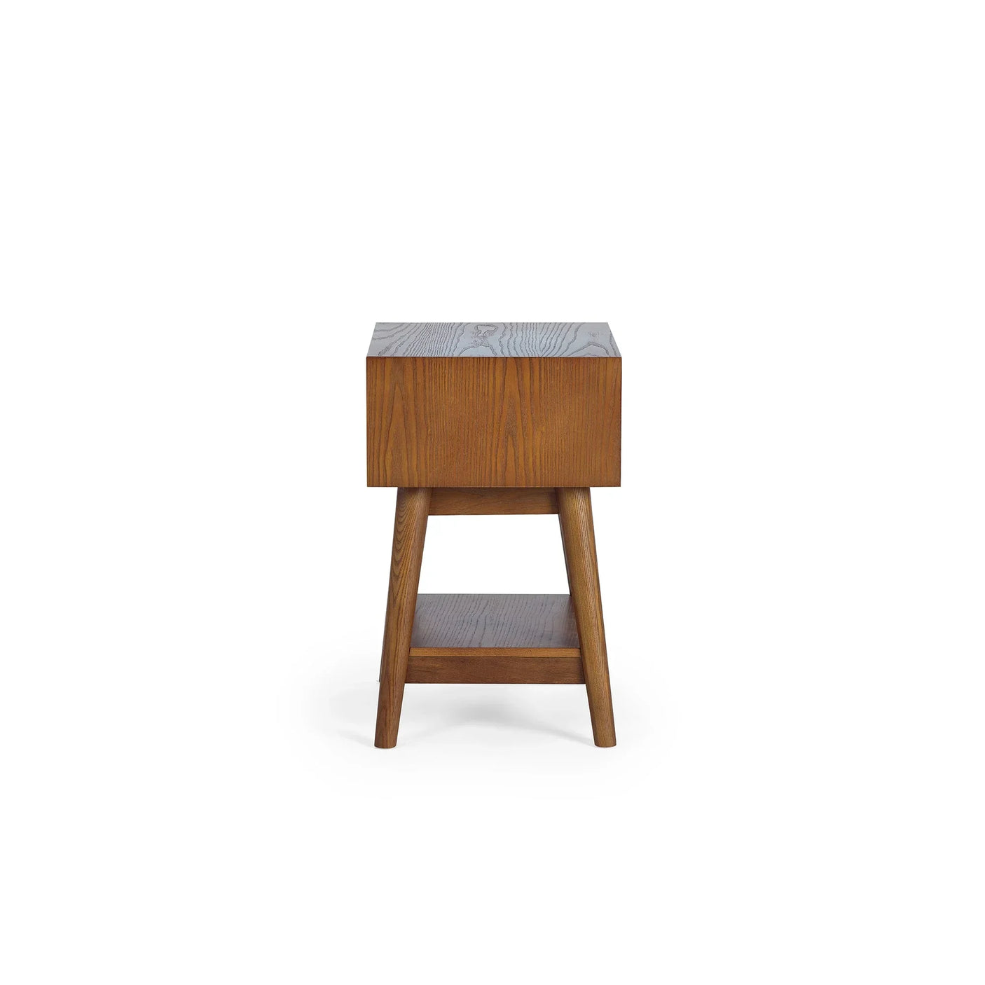 Side view of wooden single drawer side table with lower shelf on white background