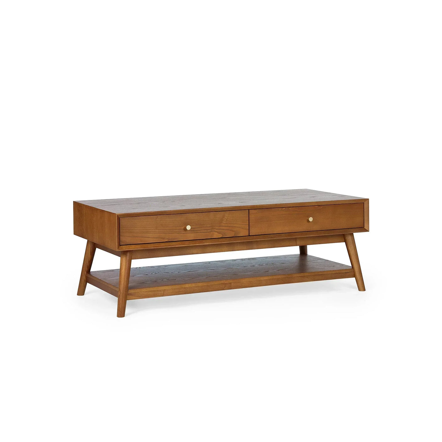Walnut coffee table with two drawers, open lower shelf and angled legs, front angled view