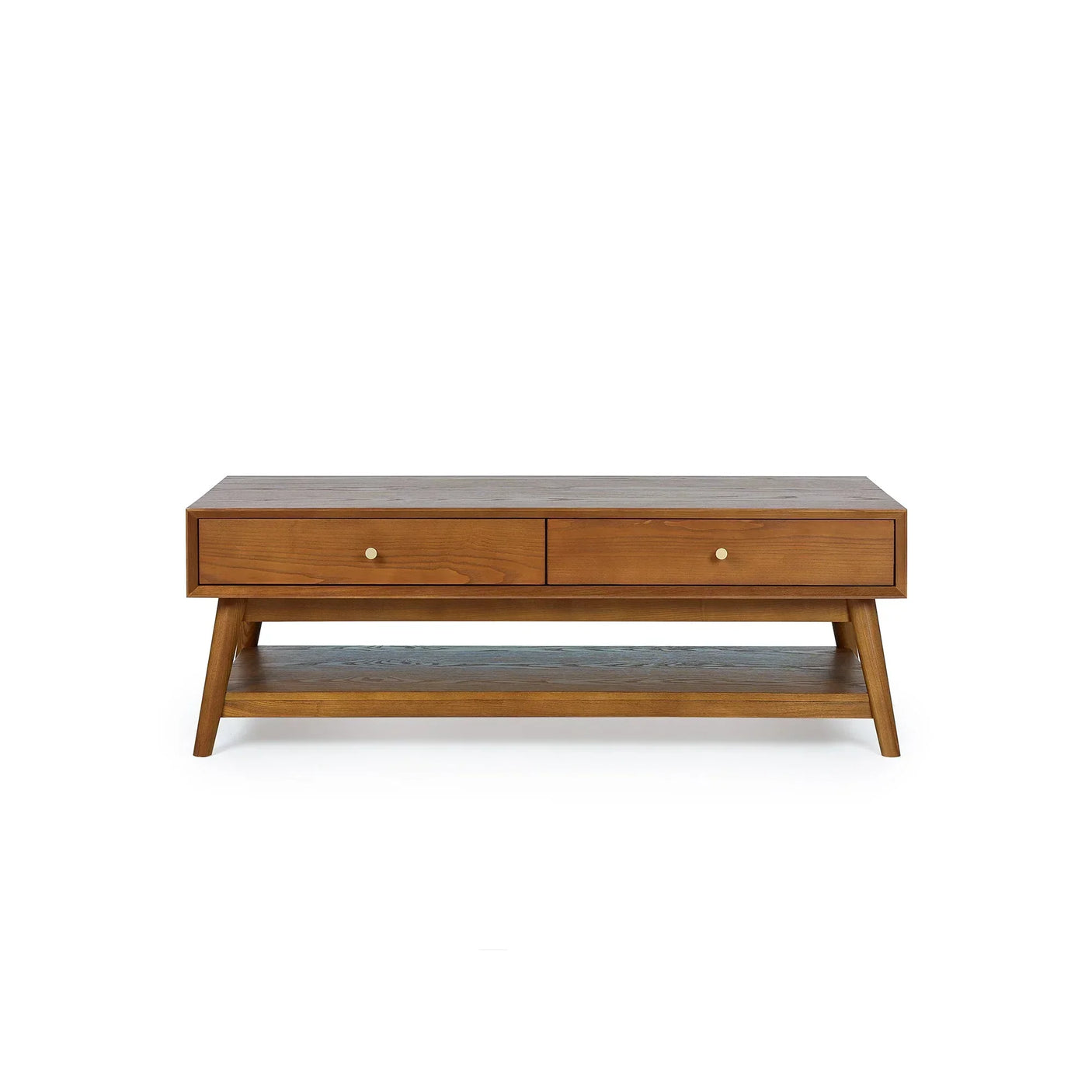 Wood coffee table with two drawers and open shelf, modern design, front view