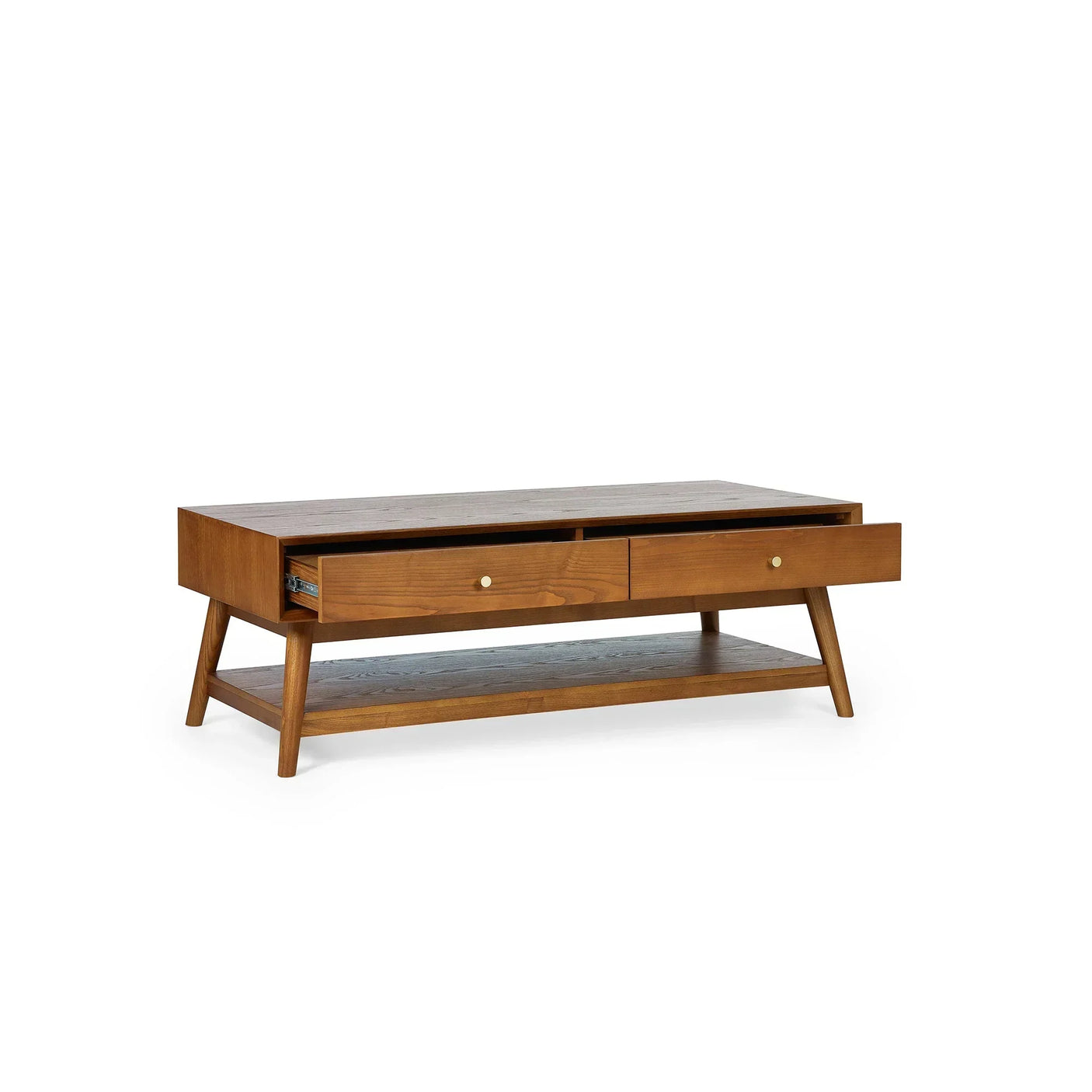 Wood coffee table with two drawers and lower shelf, angled legs, front view