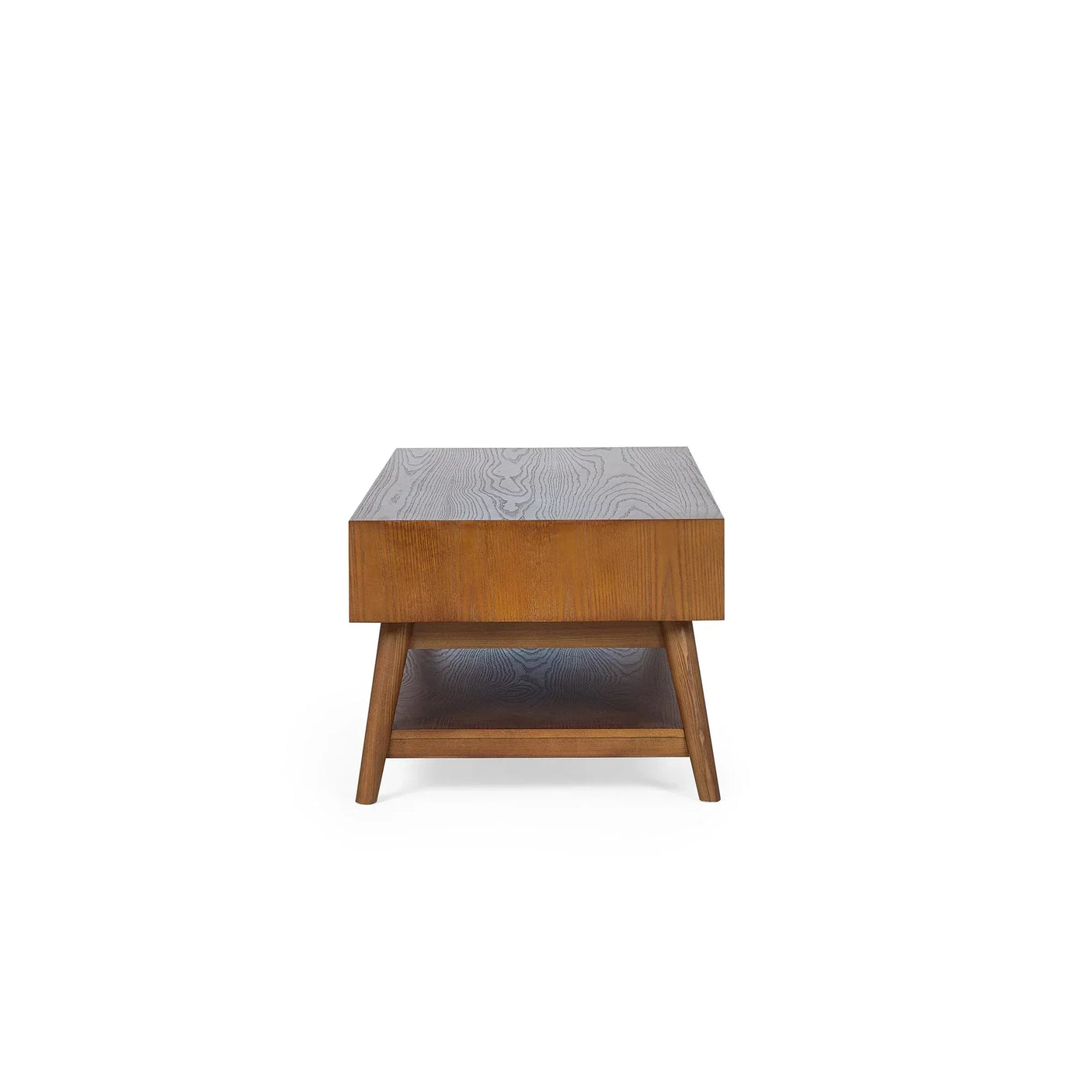 Walnut wood coffee table with two drawers and lower shelf, front angle view