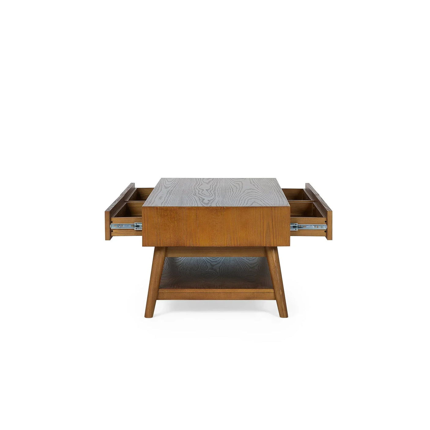 Wooden coffee table with two open side drawers and lower shelf, front view