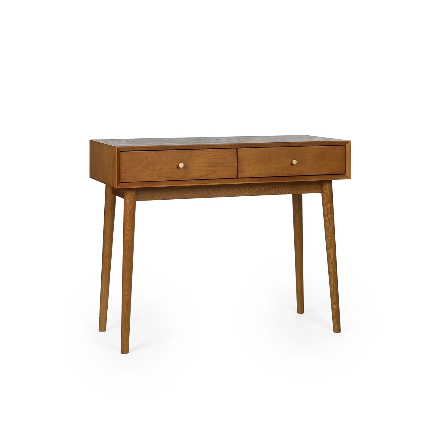 wood writing desk with two drawers and round handles, angled legs, isolated on white background