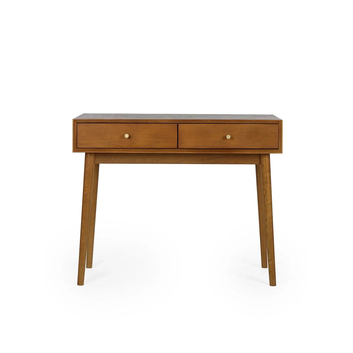 Wood writing desk with two drawers and round handles, mid-century style, front view