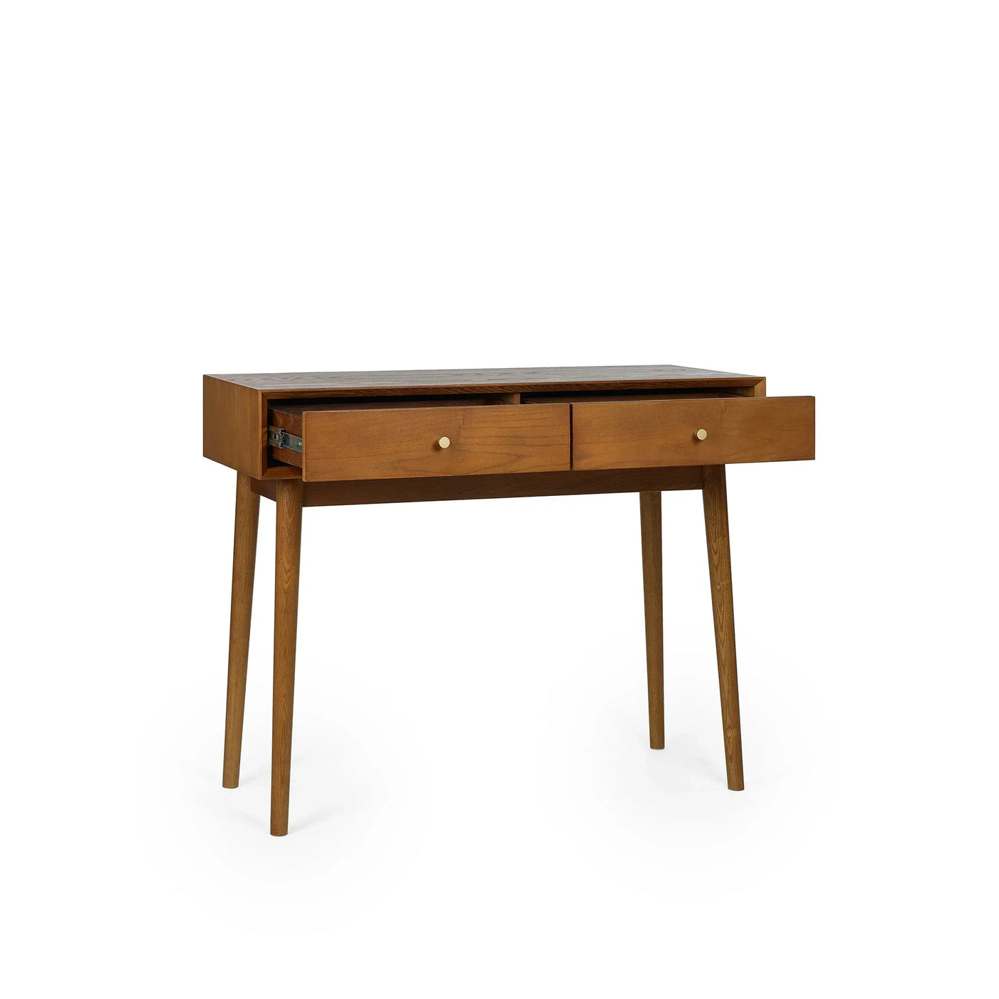 Wood writing desk with two drawers and tapered legs, shown against a white background