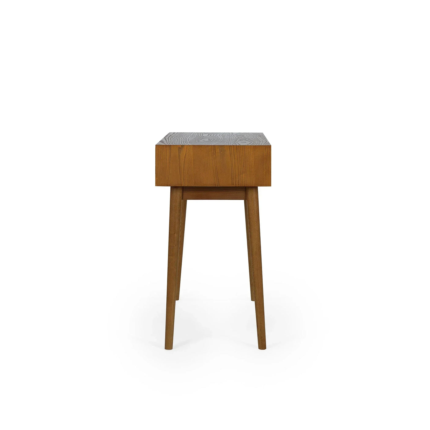 Side view of wooden writing desk with two drawers and tapered legs on white background