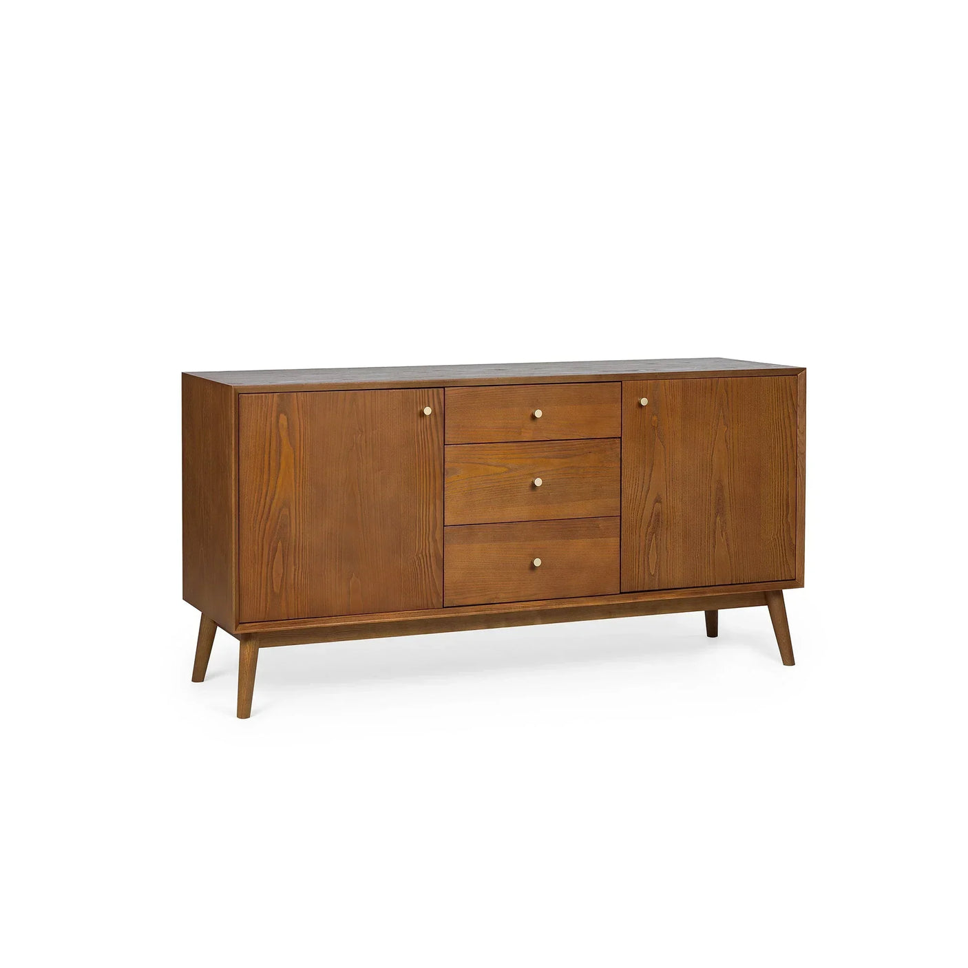 Large wooden sideboard with three drawers and two doors, angled legs, walnut finish
