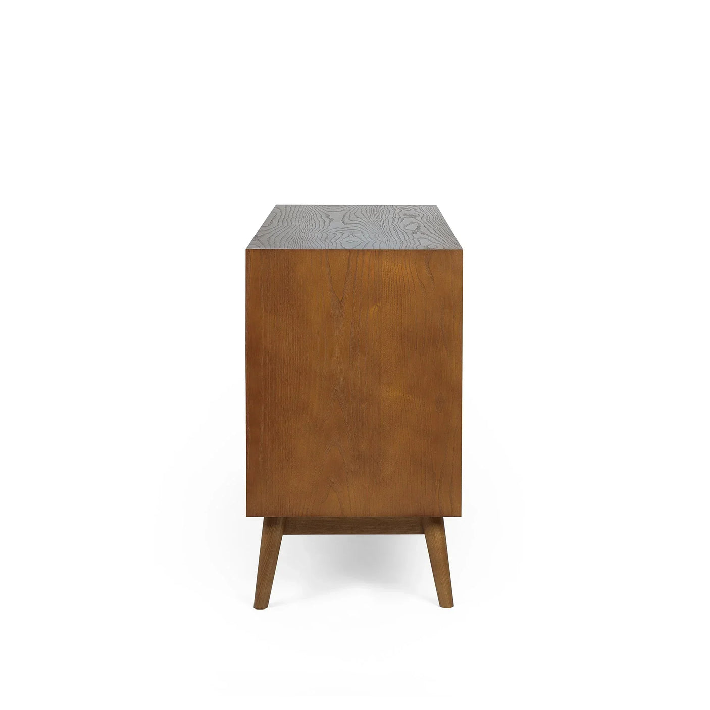 Side view of large wooden sideboard with wood grain texture and splayed legs