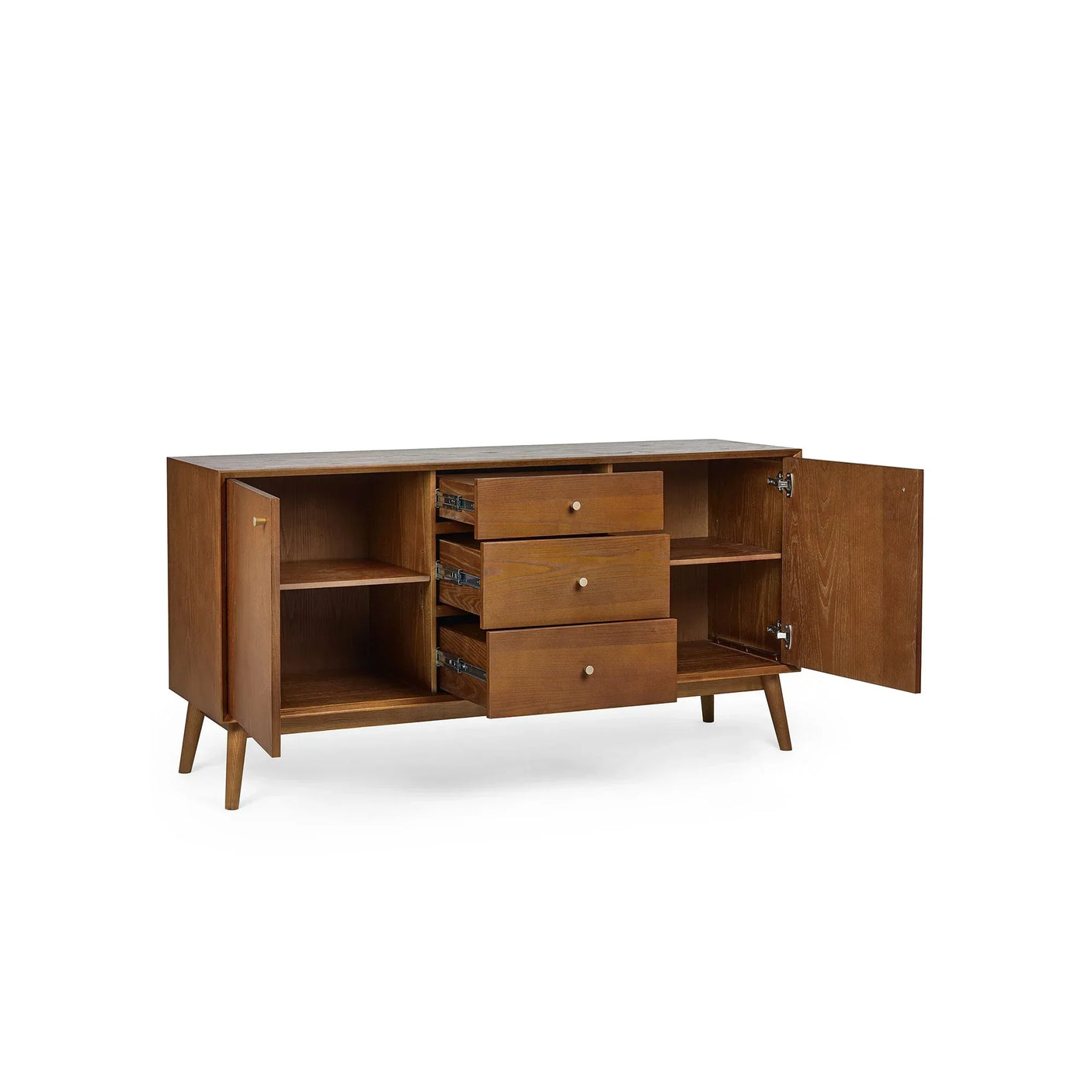 Large wooden sideboard with open drawers and doors, showing interior shelves and storage