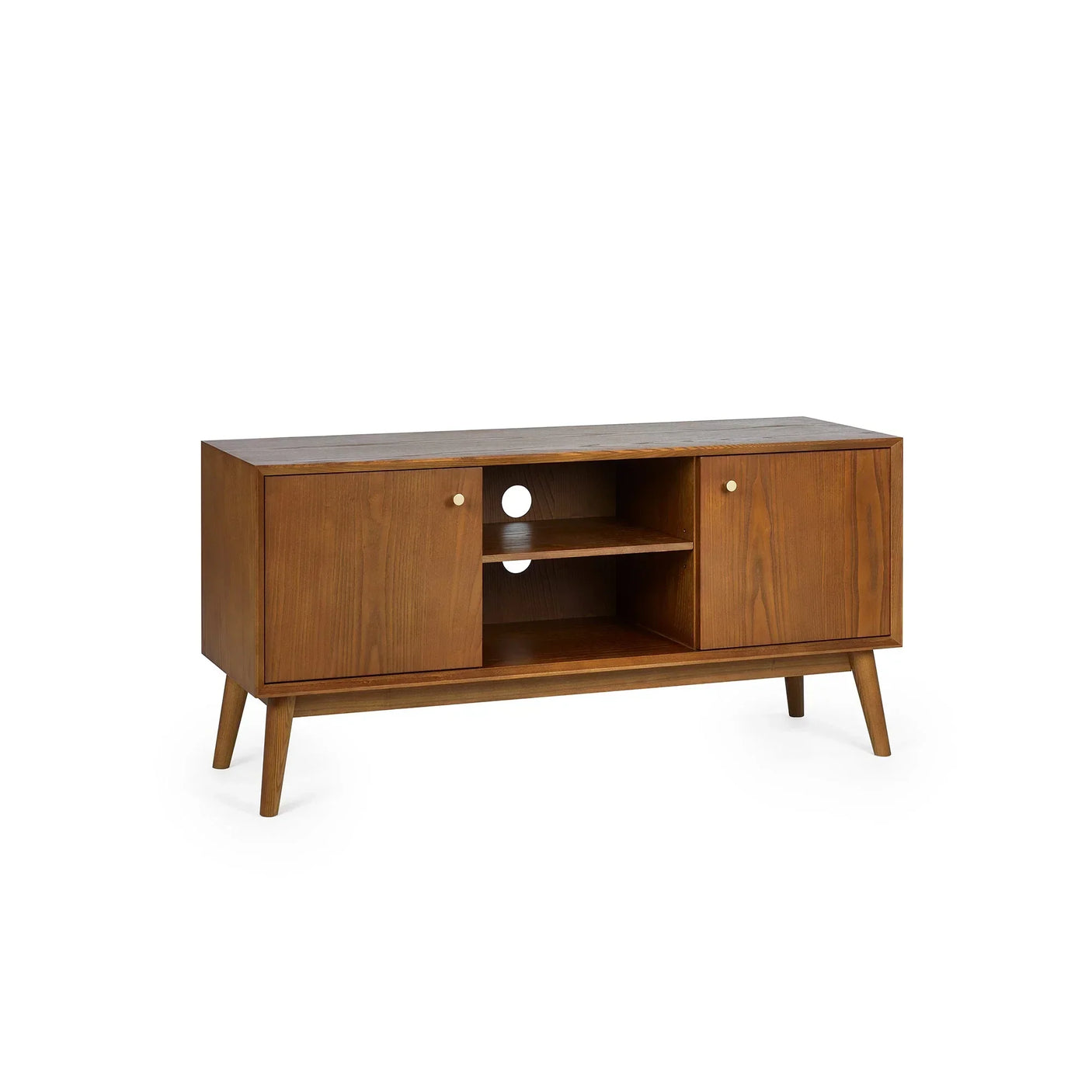 Walnut wood media unit with two doors, open shelves, and cable management holes, front view