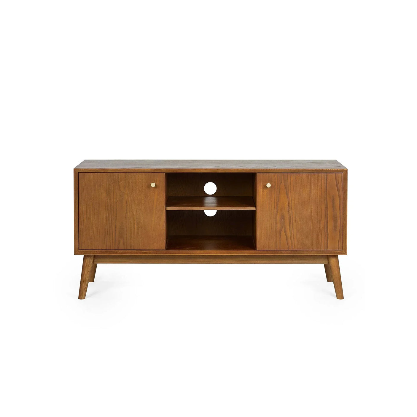 Mid-century wood media unit with two cabinets, open shelves, and cable management holes
