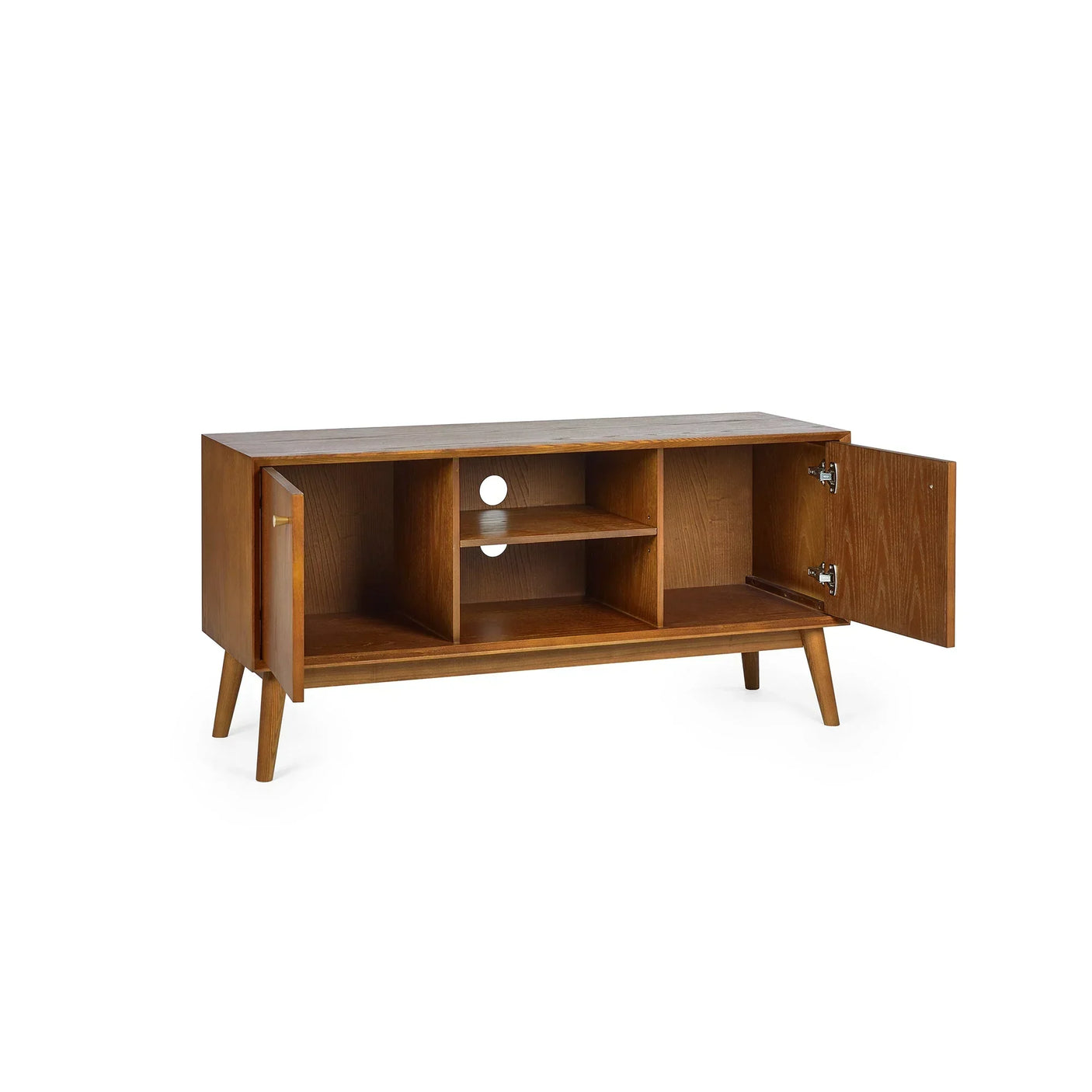 Wooden media unit with open doors, shelves, cable access hole and angled legs
