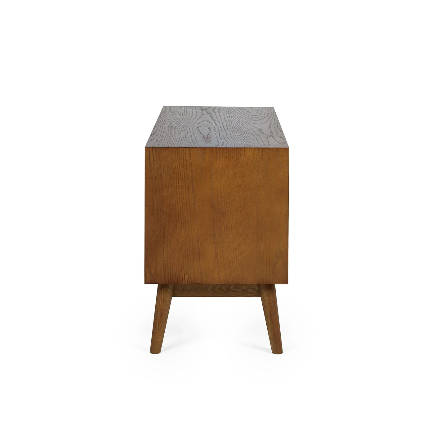 Side view of wooden media unit with natural finish and angled legs