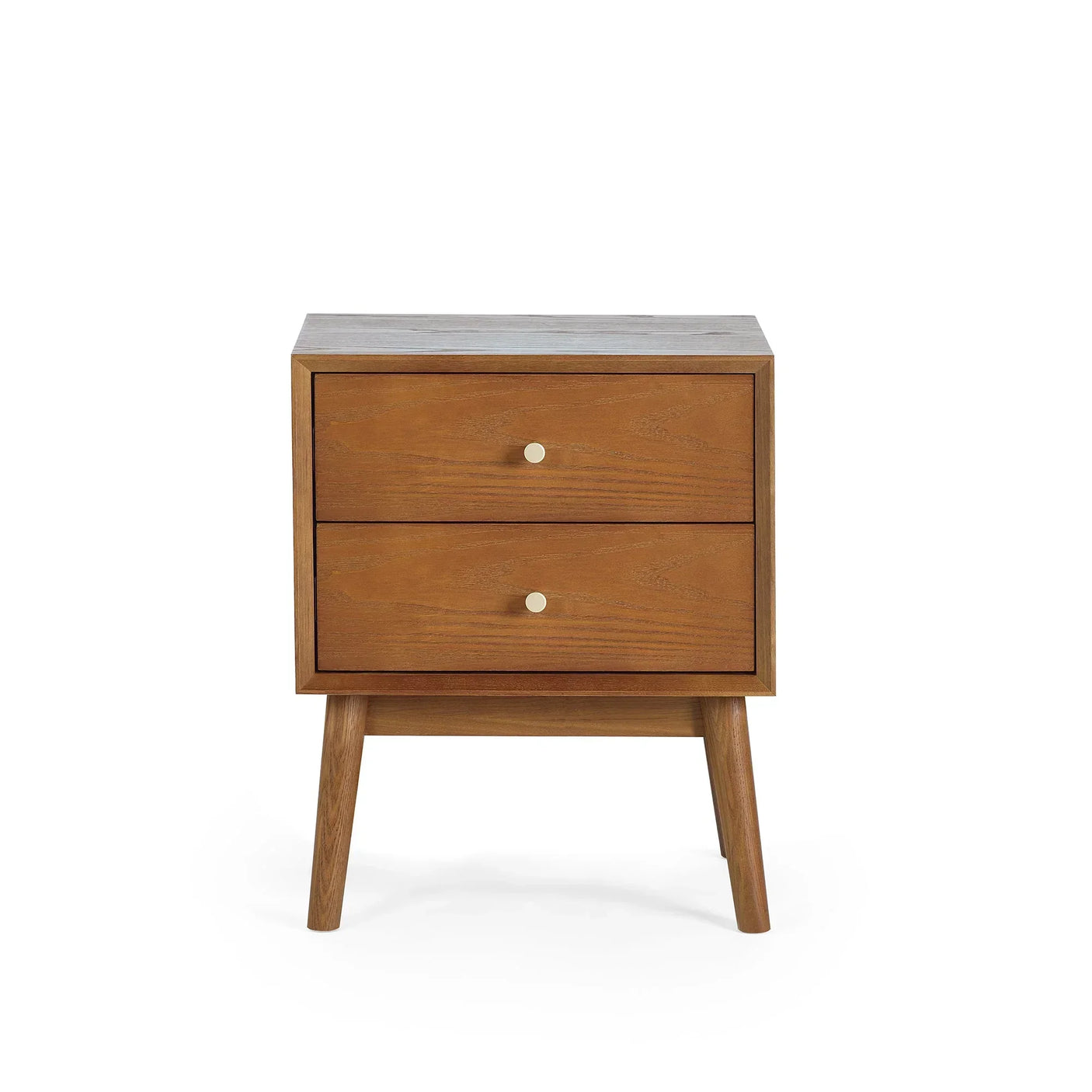 Mid-century oak bedside table with two drawers and round metal handles on white background