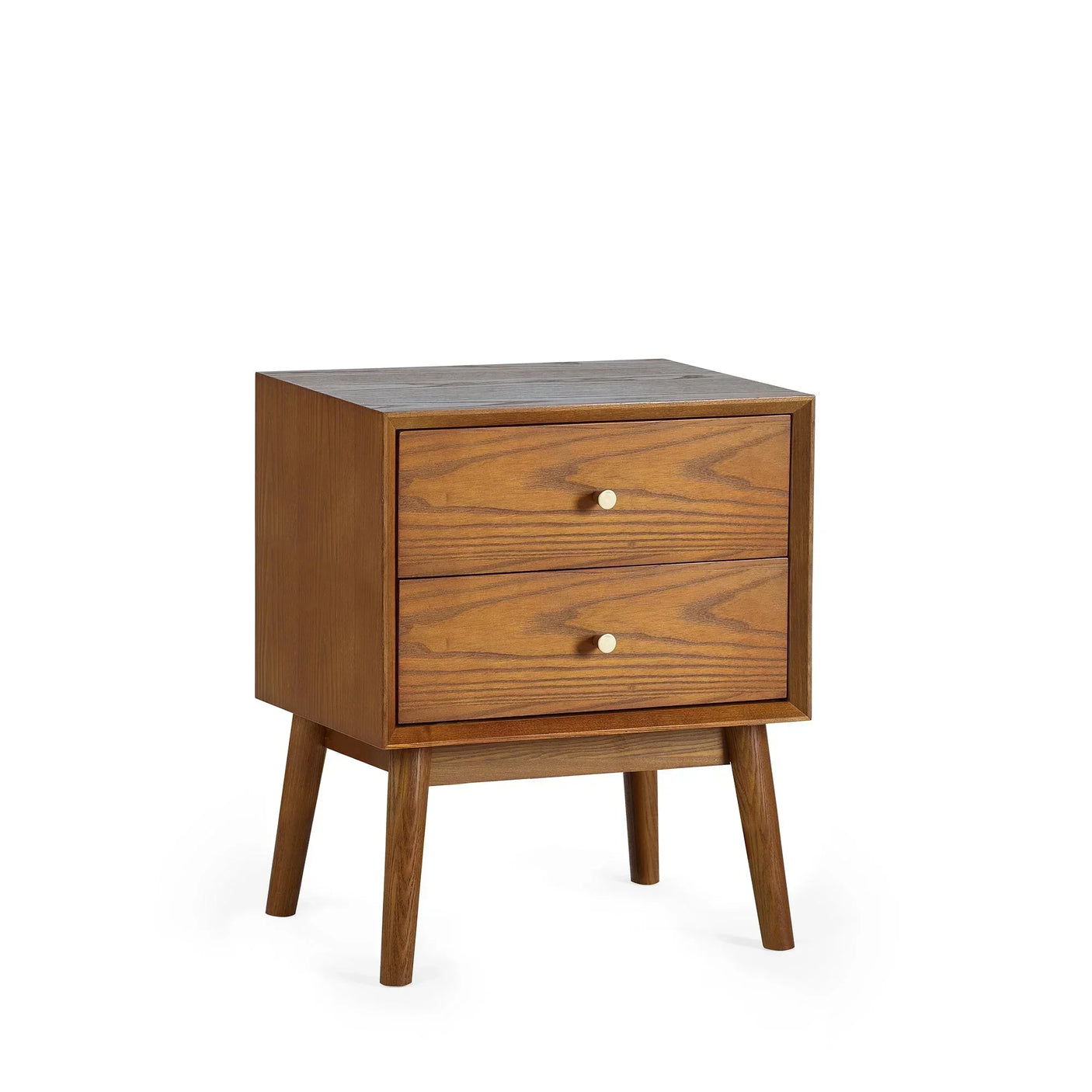 Mid-century style wooden 2 drawer bedside table with angled legs and natural wood finish