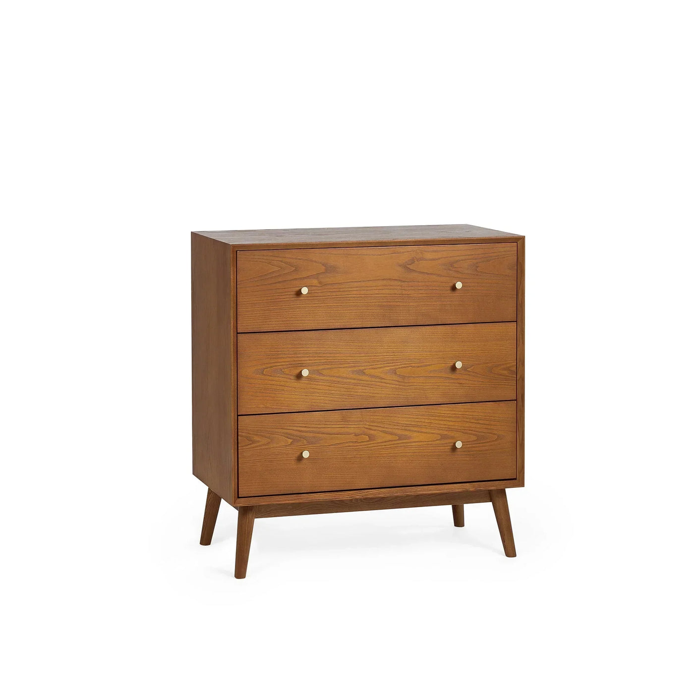 Mid-century brown wooden 3 drawer chest with metal knobs and angled legs on white background