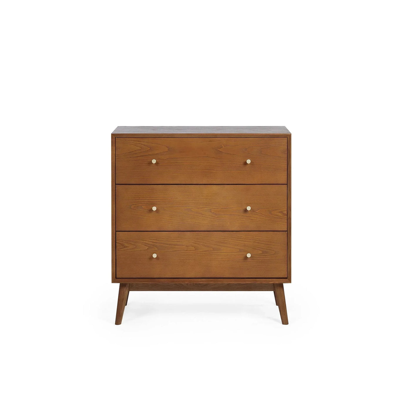 Three drawer wooden chest with metal knobs and angled legs, front view
