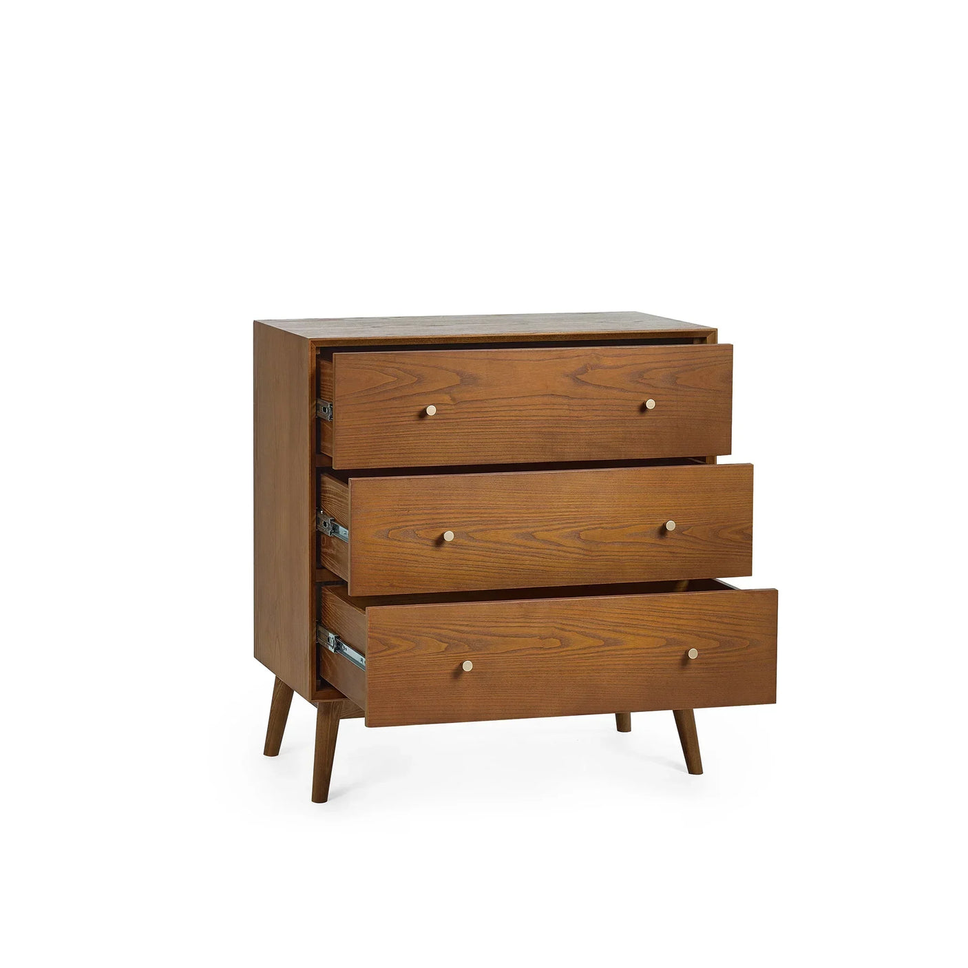 Mid-century wooden 3 drawer chest with all drawers open on angled legs, natural wood grain