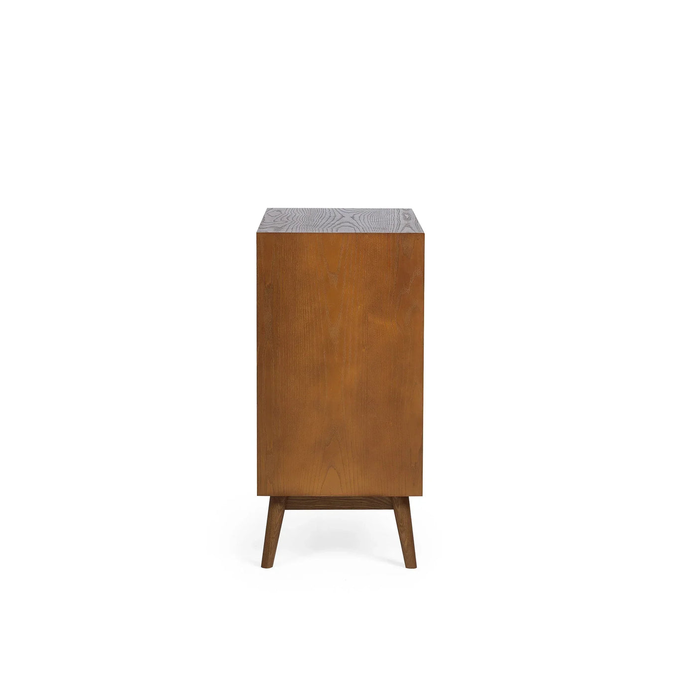 Side view of wooden three drawer chest with mid-century legs