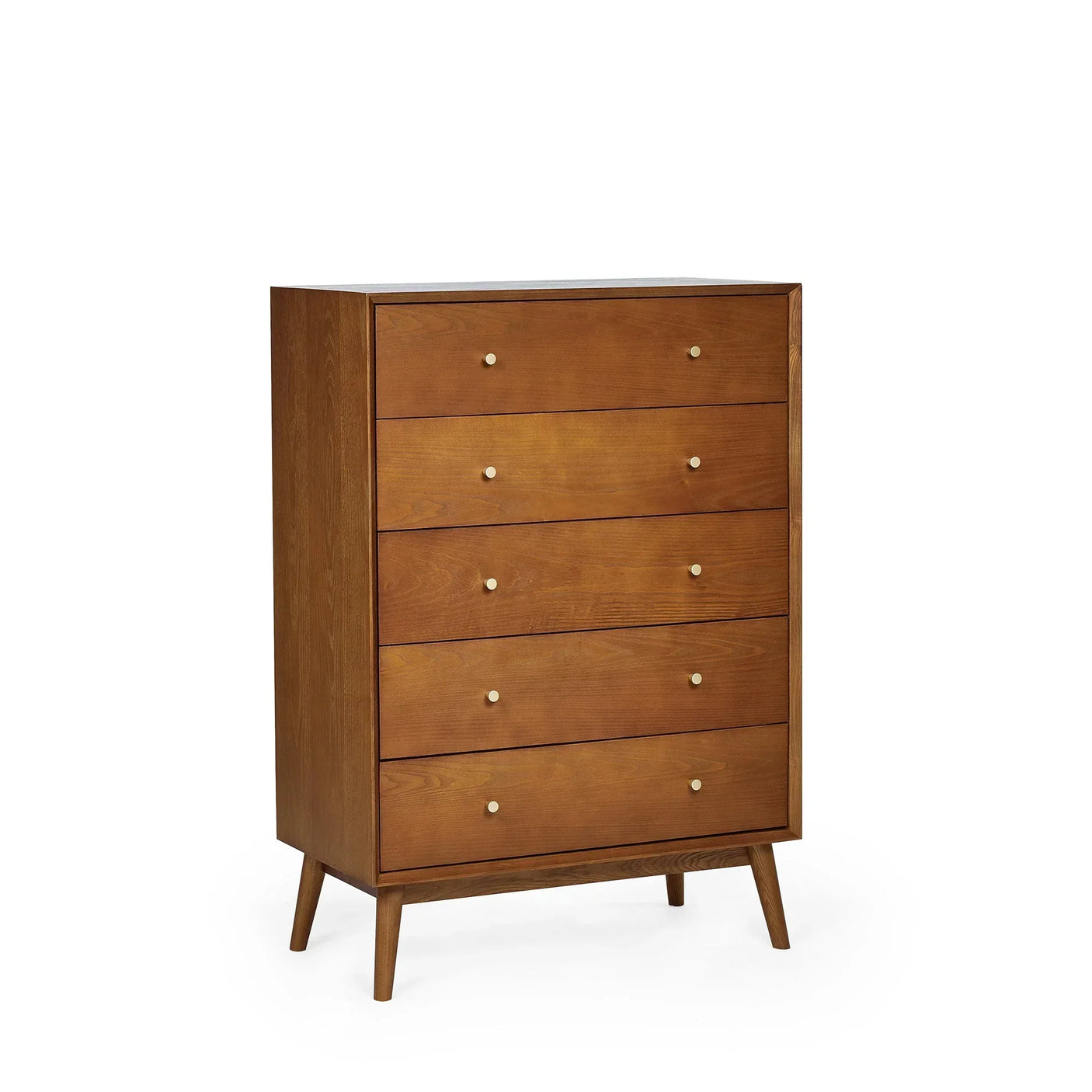 Mid-century style wooden five drawer chest with angled legs and round metal handles
