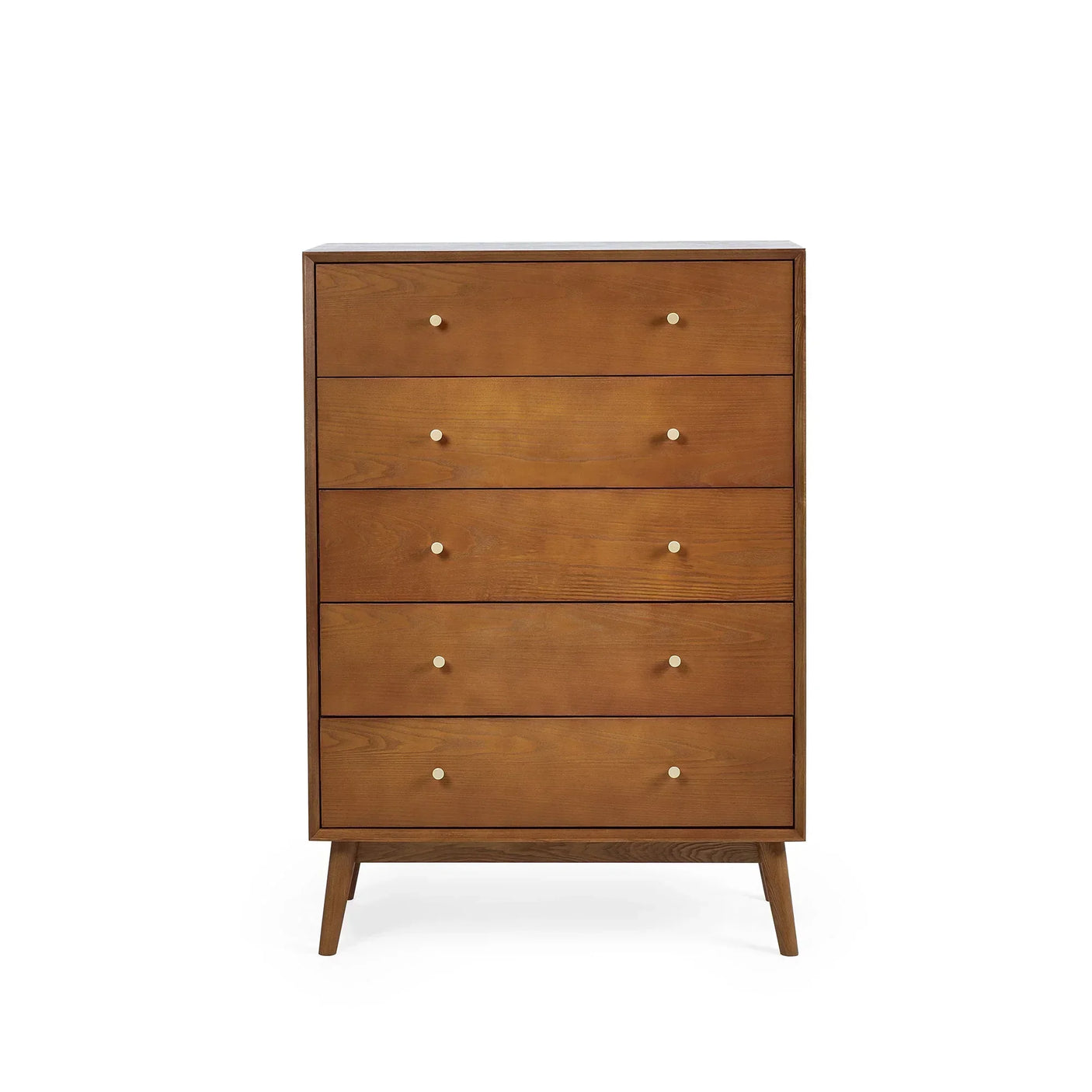 Wooden 5 drawer chest with mid-century legs and round metal knobs, front view