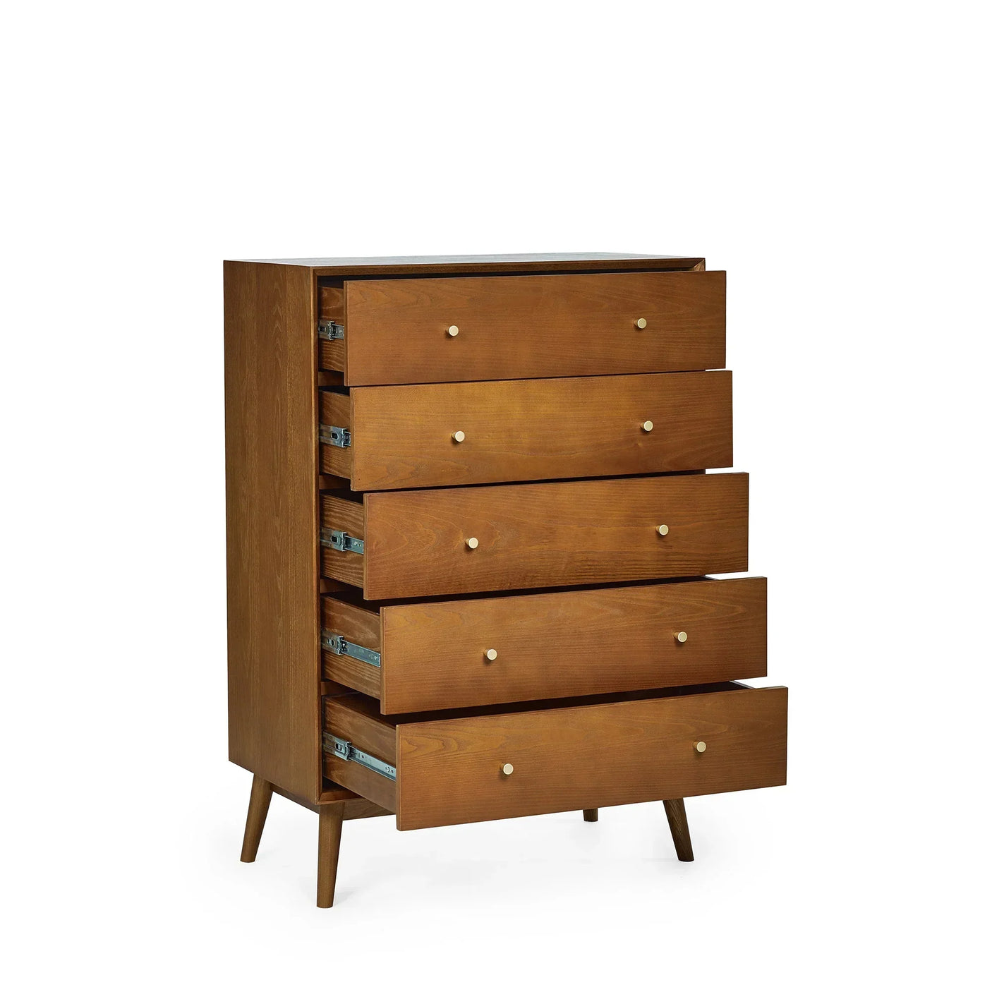 Walnut 5 drawer chest with angled legs and metal handles, all drawers open, front view