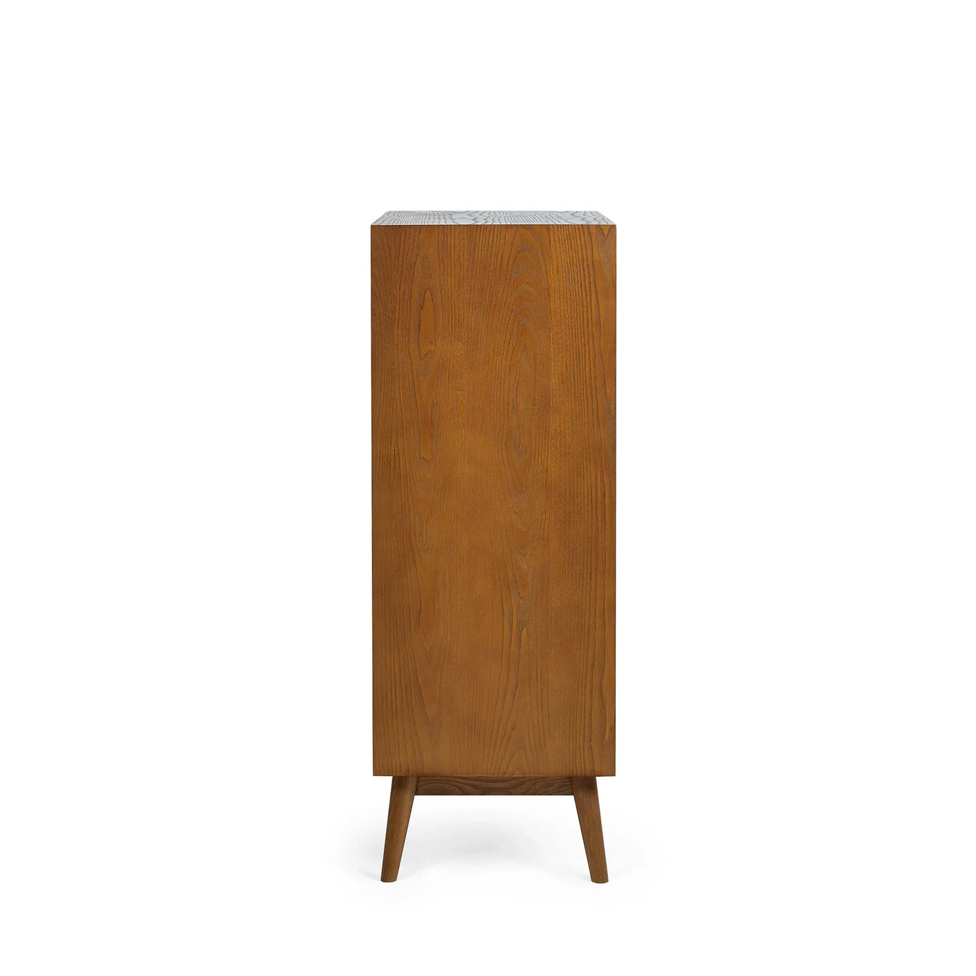 Side view of wooden 5 drawer chest with slim tapered legs and natural finish