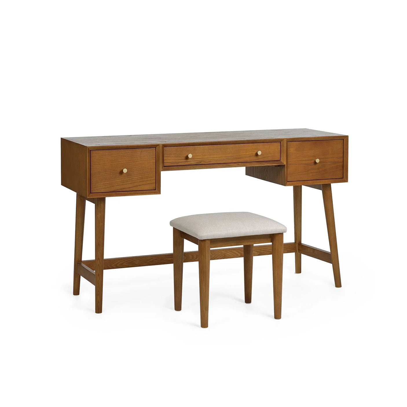 Wooden dressing table with three drawers and matching cushioned stool on white background