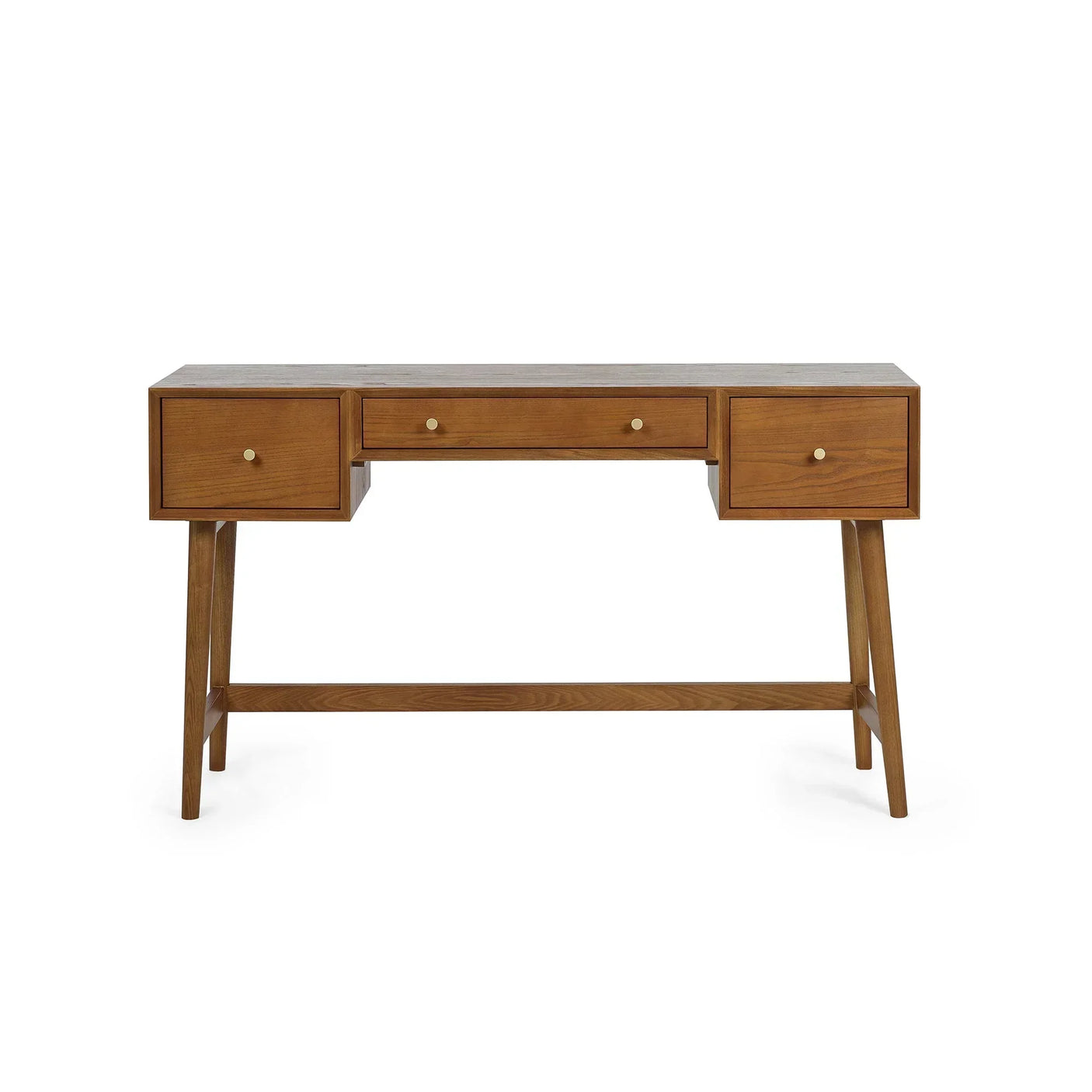 Oak dressing table with three drawers and angled legs, front view on white background