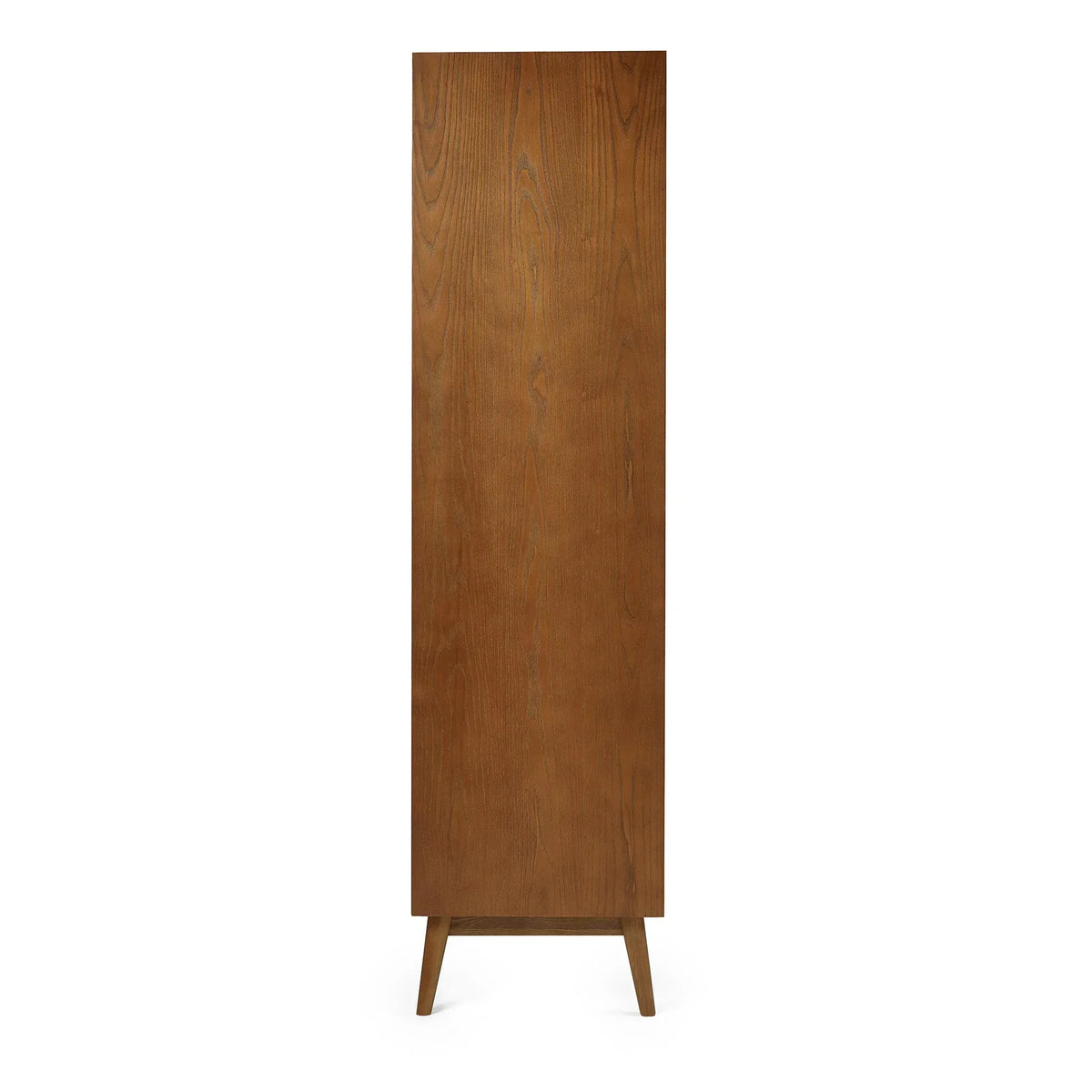 Side view of wooden two door one drawer wardrobe with slim legs and smooth finish