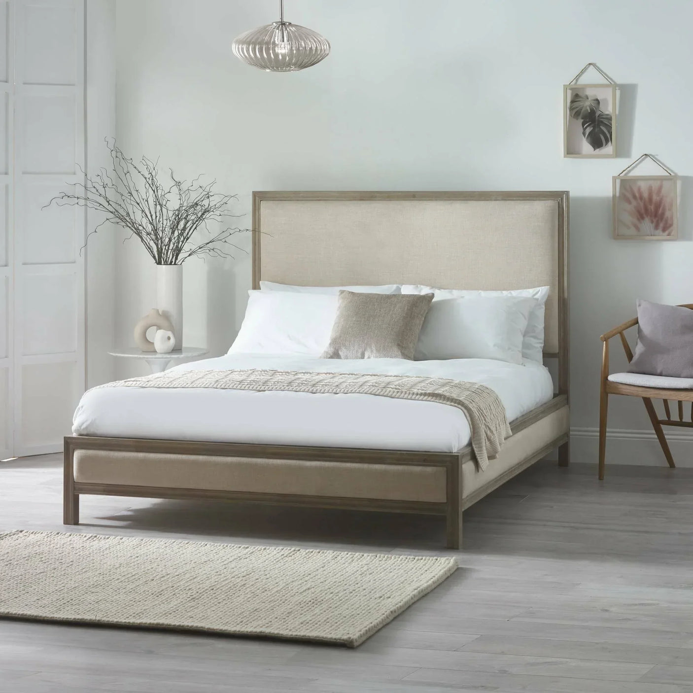135cm double bed with upholstered headboard in minimalist bedroom, light wood finish