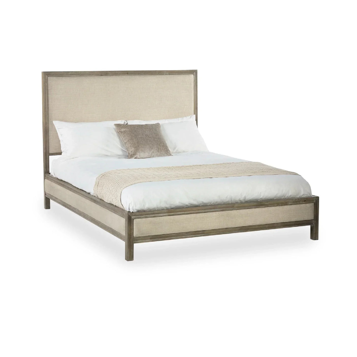 Upholstered bed frame in light wood finish with high headboard, styled with white bedding
