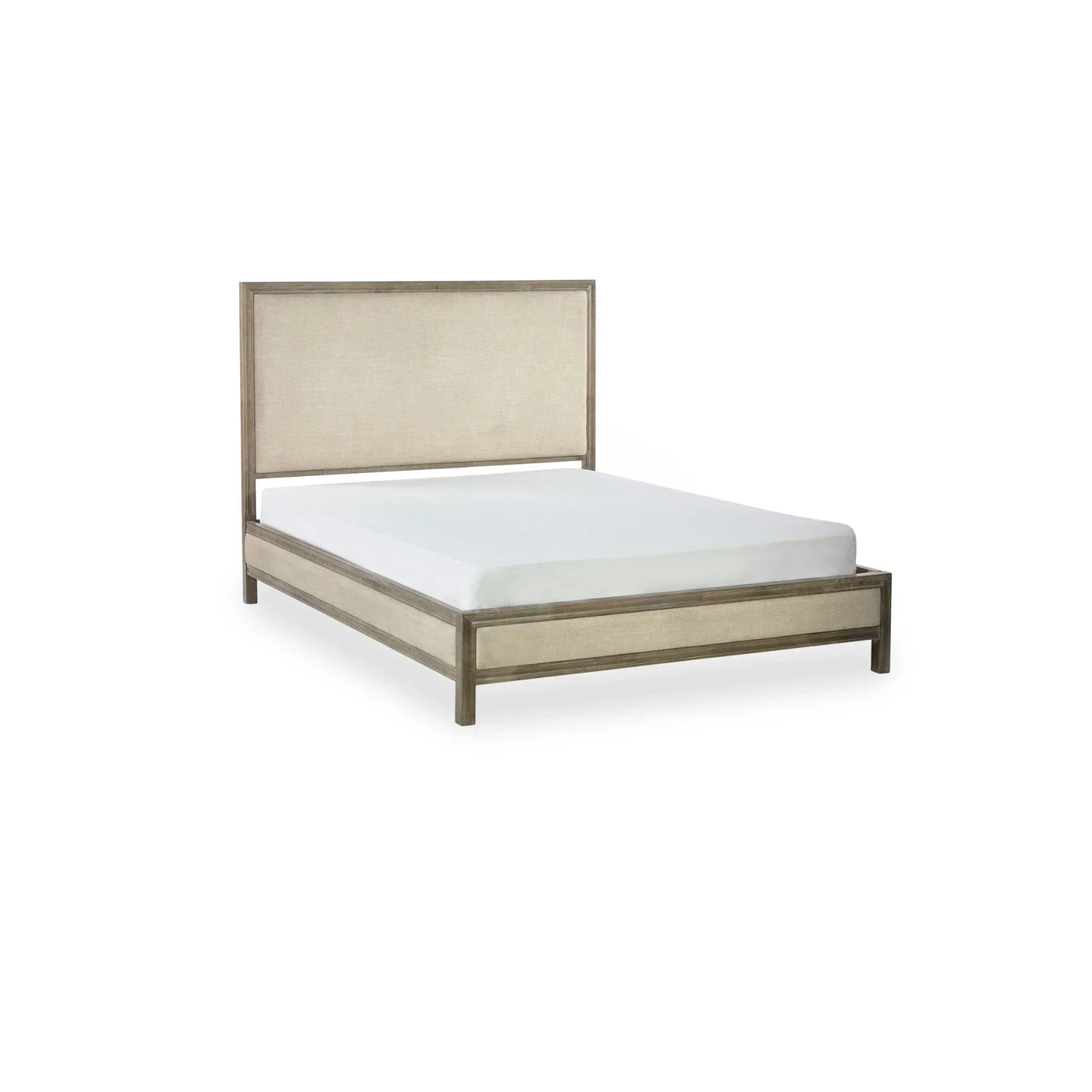 Beige upholstered bed frame with wooden trim and matching headboard on white background