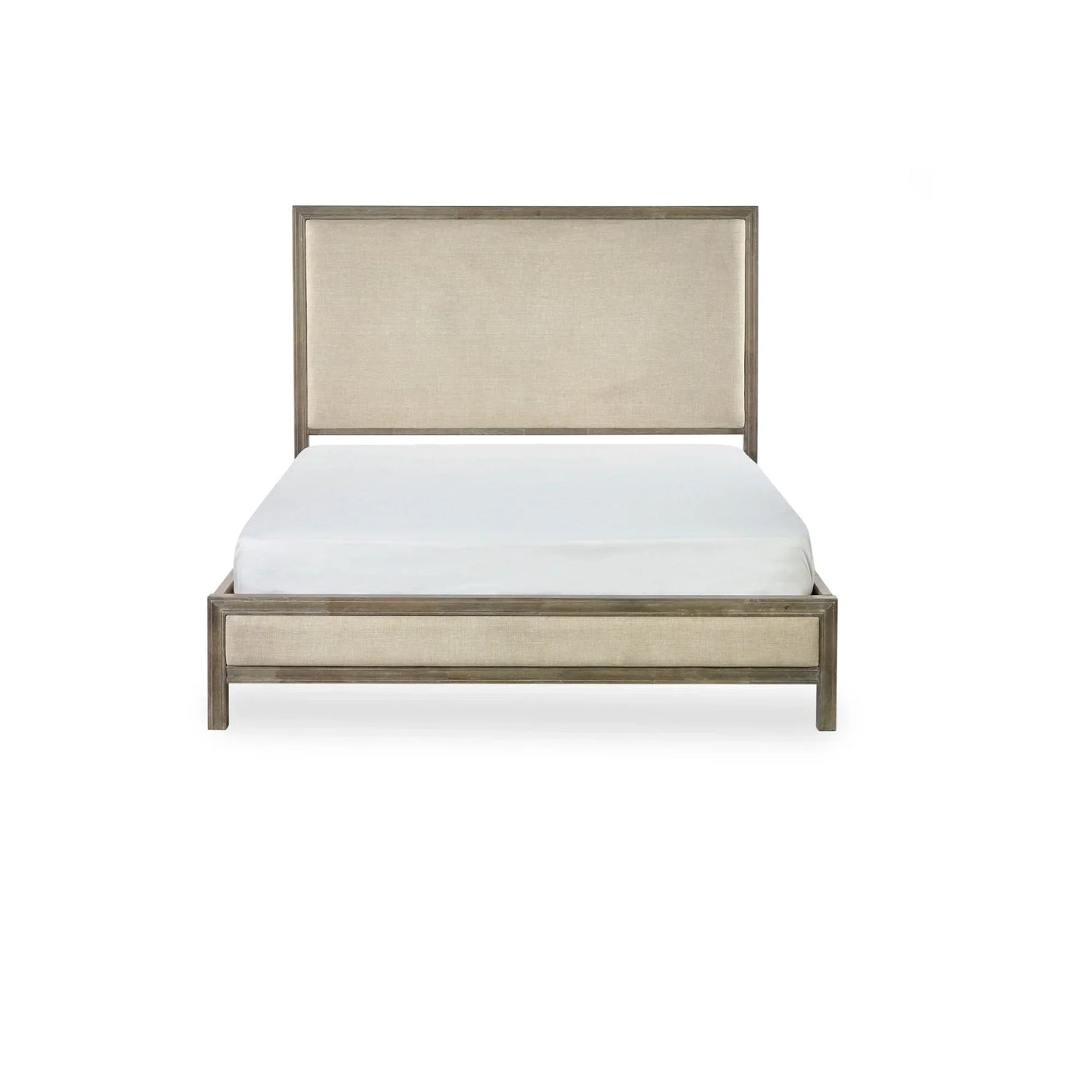 Beige upholstered bed frame with wooden trim and tall headboard, front view