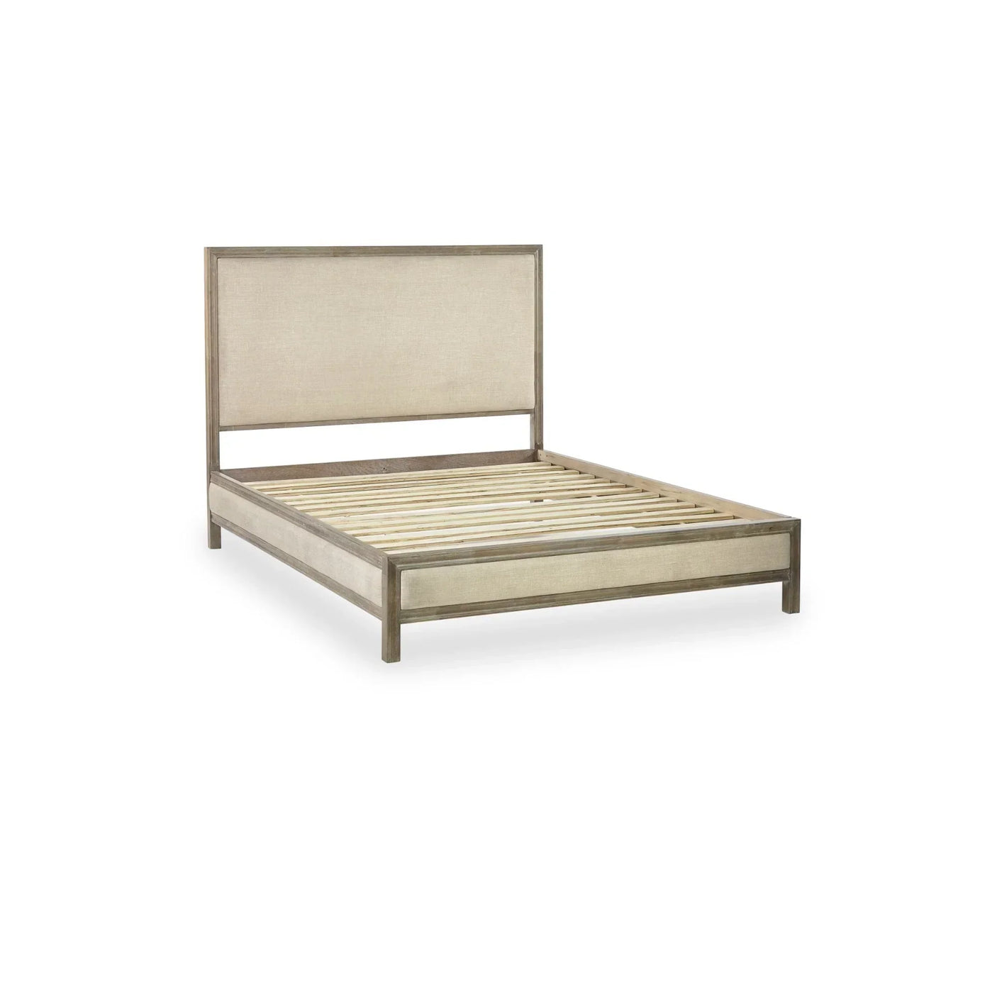 Beige upholstered bed frame with wooden slats and high headboard, angled front view