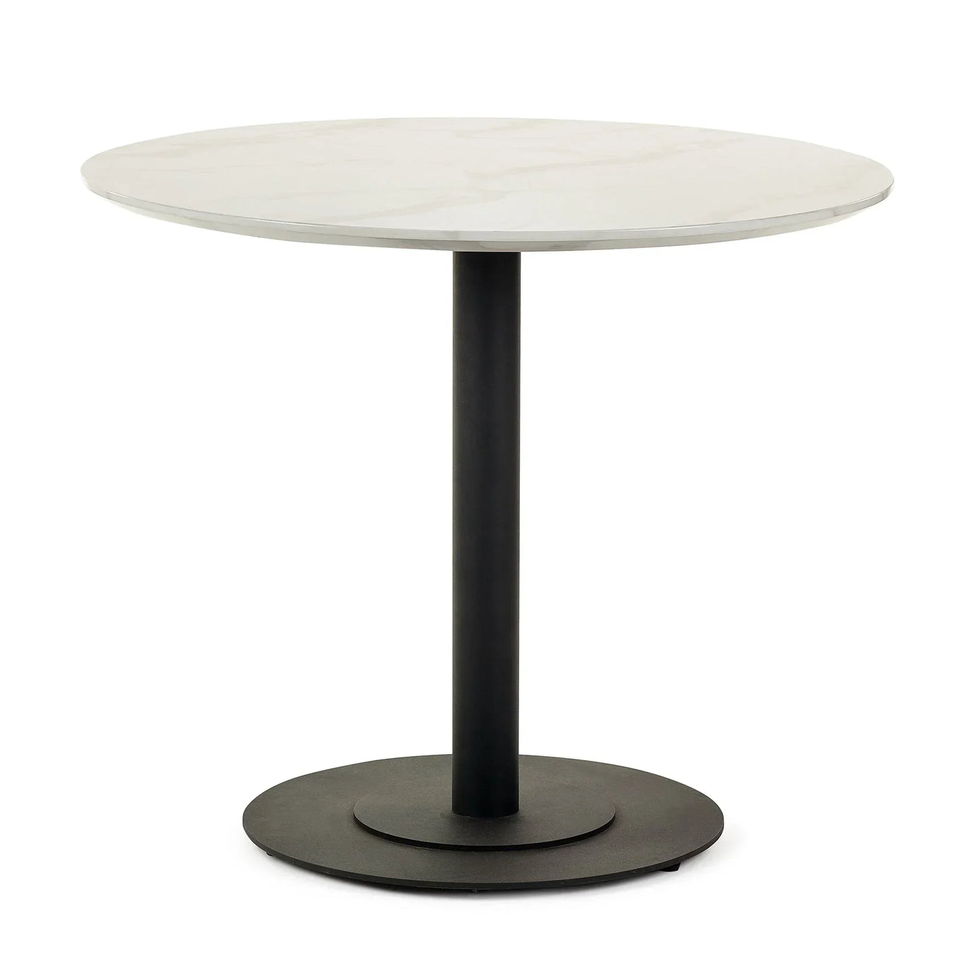 Round marble dining table with slim black metal pedestal base on white background