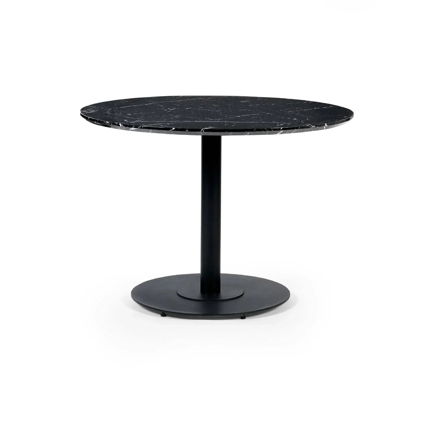 Round black marble dining table with pedestal base on white background