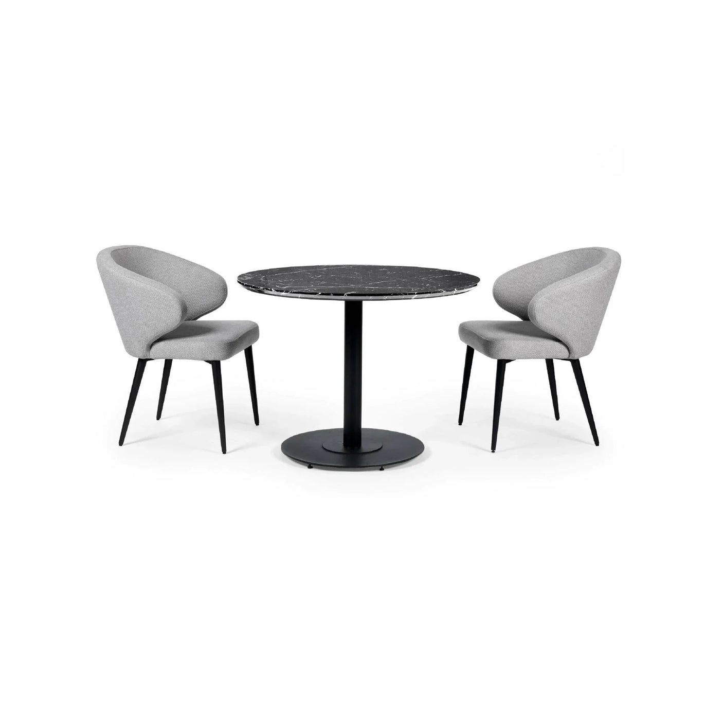 Round black marble dining table with two grey upholstered dining chairs