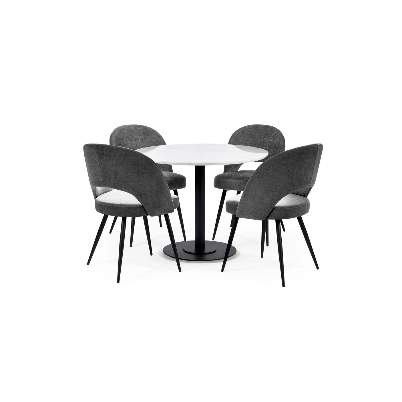 Round dining table with white top and four grey velvet chairs on black metal legs